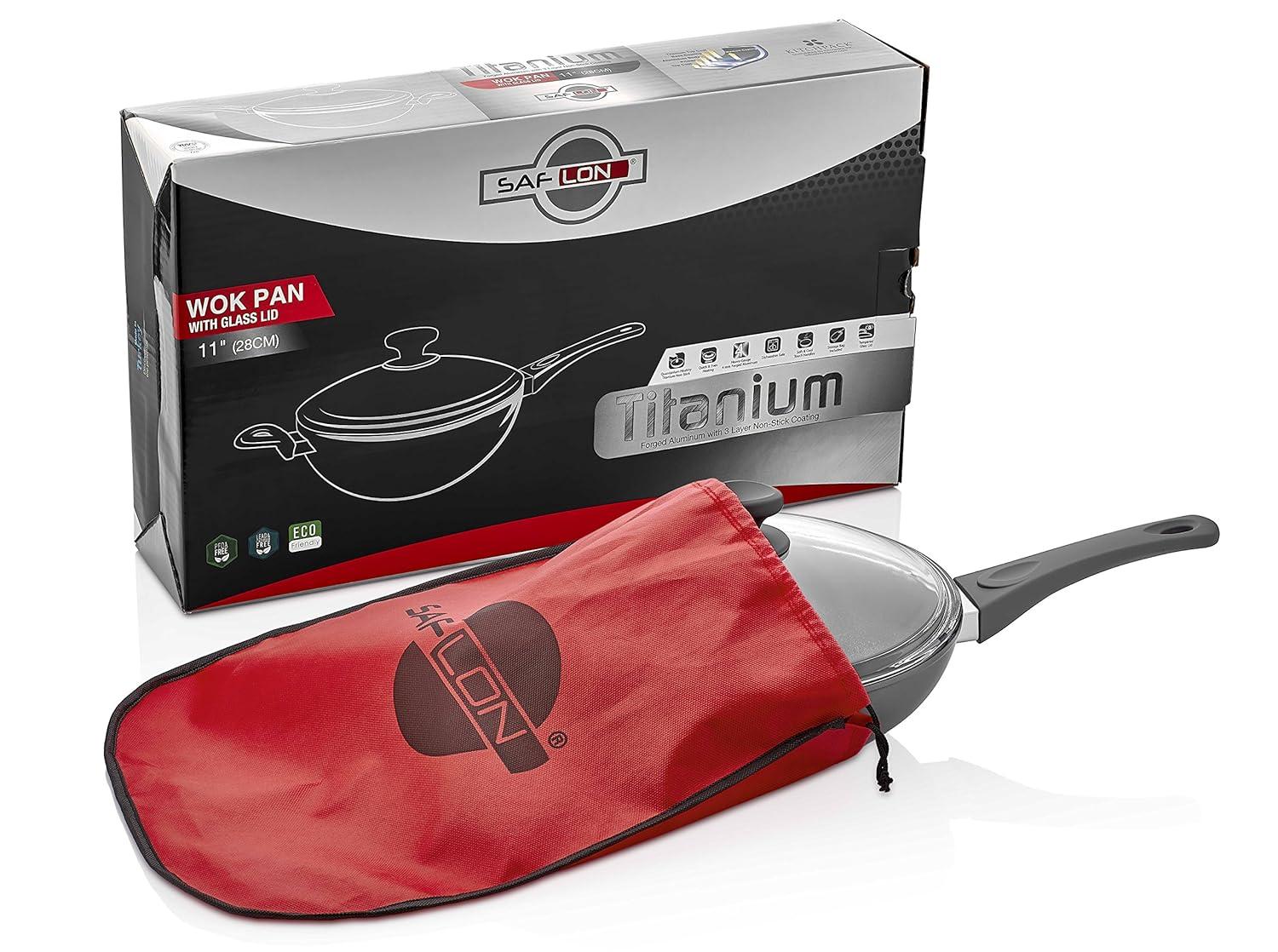 Titanium Nonstick 11 Inch Wok and Stir Fry Pan with Glass Lid Forged Aluminum with PFOA Free Scratch Resistant (Gray)