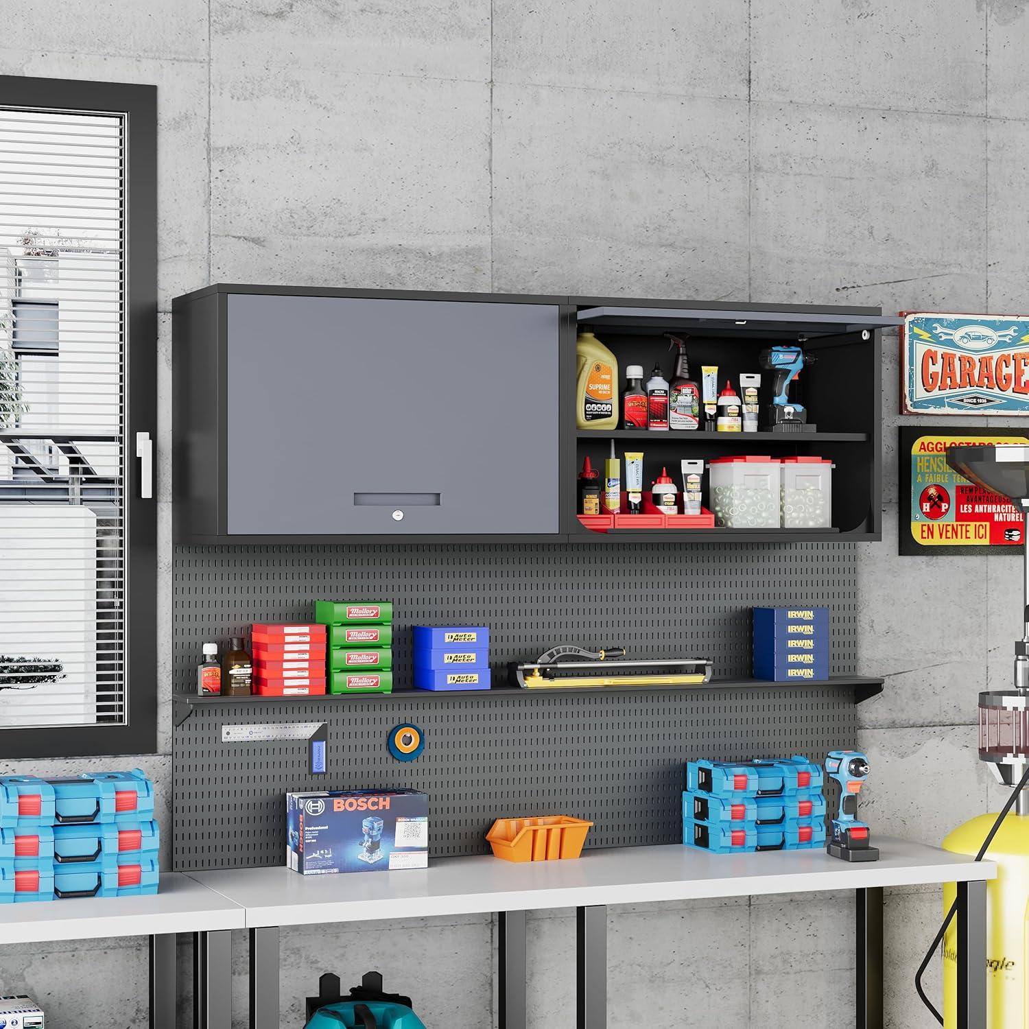 Metal Storage Cabinet Black Wall Cabinets with Shelf and Locking Door - Wall Mounted Storage Cabinet for Garage Warehouse Home Office - Assembly Required