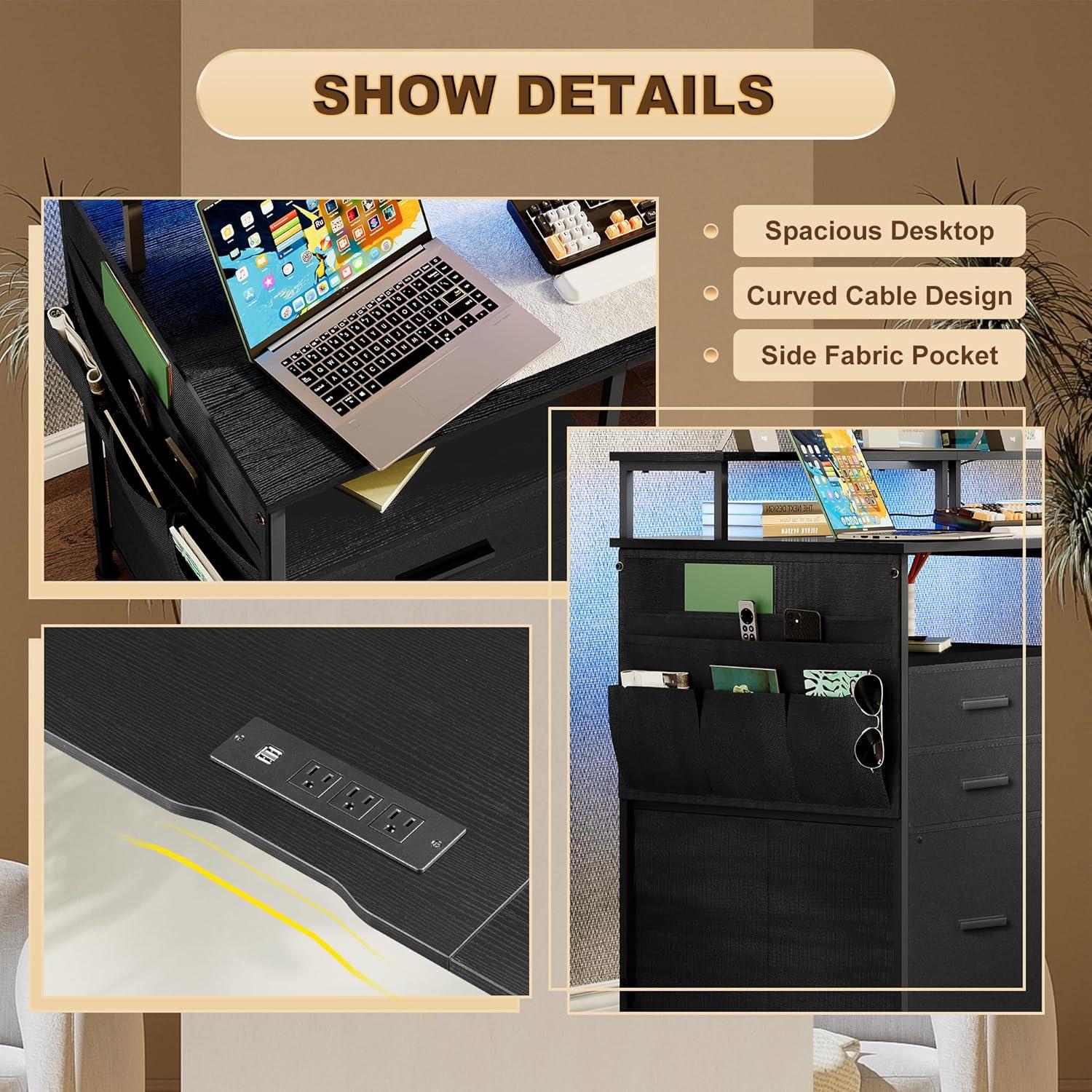 Computer Desk with 3 File Cabinet Drawers, 57.8'' Reversible Gaming Desk with LED Lights and Power Outlets, Office Desk with Storage Shelves and Dual Monitor Stand for Home & Office (Black)