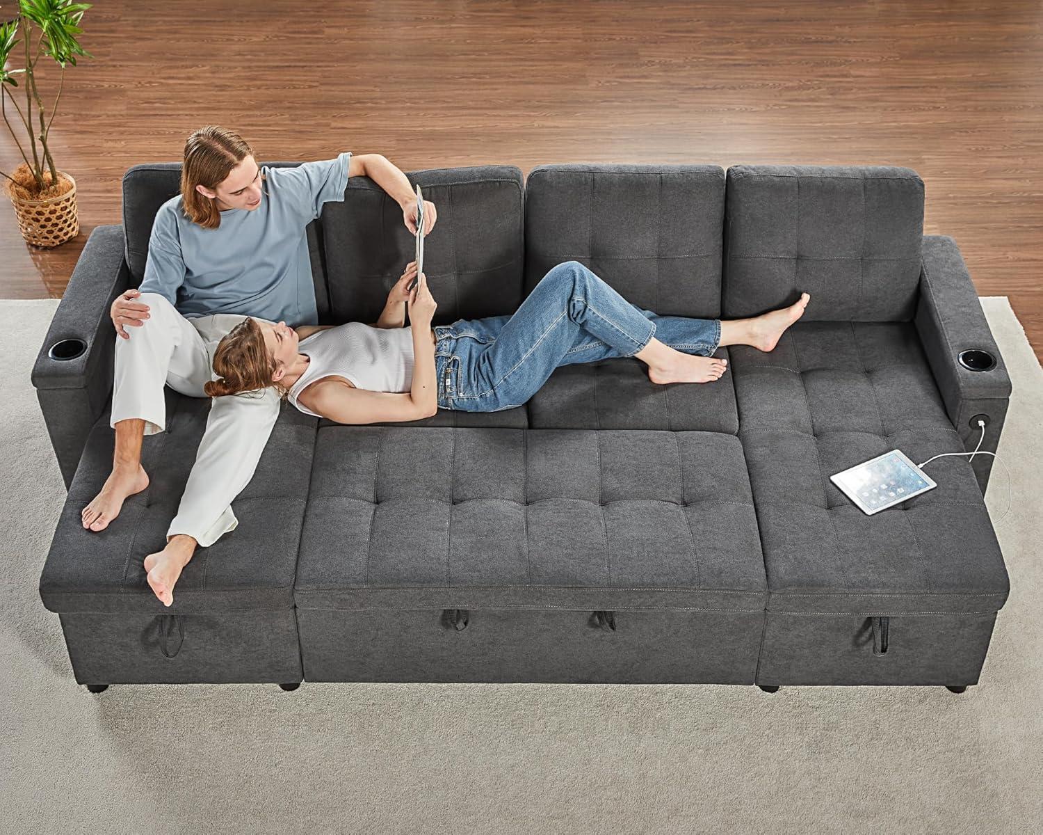 Latitude Run® Pull Out Sofa Bed With 2 USB Ports & Cup Holders, U Shaped Sleeper Sofa Bed With Dual Storage Chaise- Drak Gray