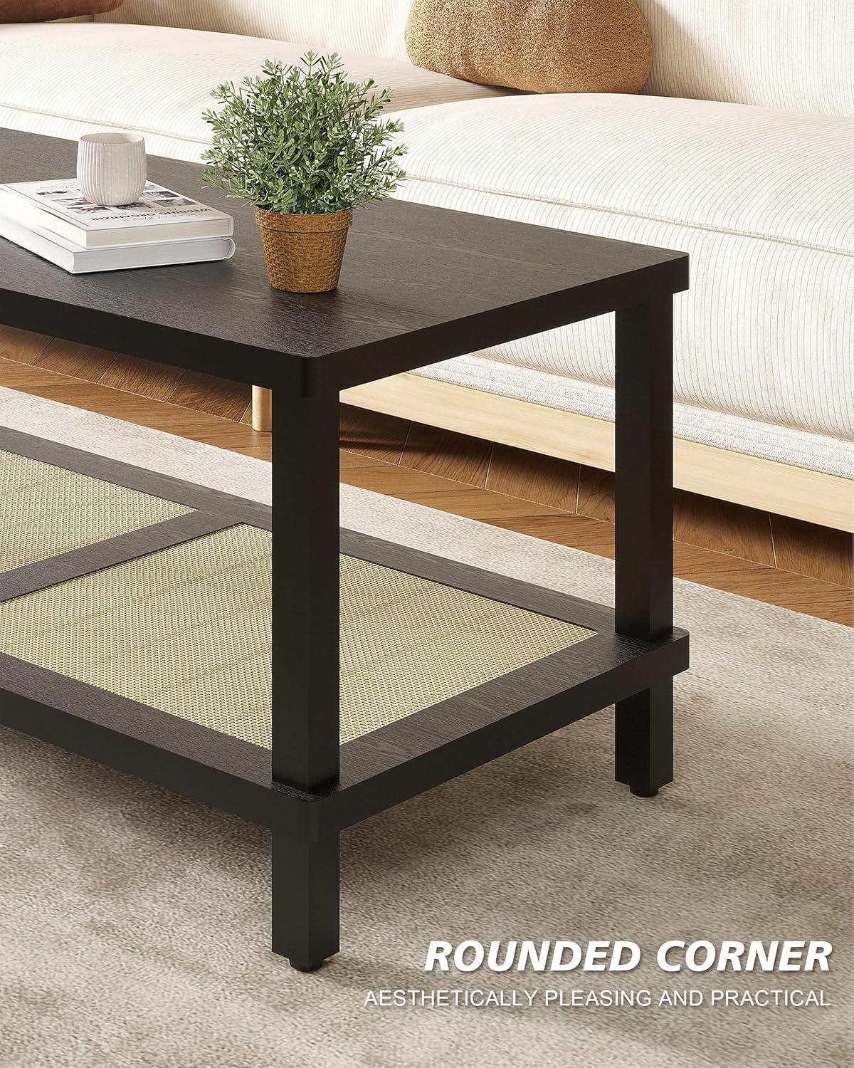 VASAGLE 2-Tier Coffee Table for Living Room, Living Room Table Rectangular Center Table, with PVC Rattan Storage Shelf, Rounded Corners, Easy Assembly, Boho Style, Ash Black ULCT240B21