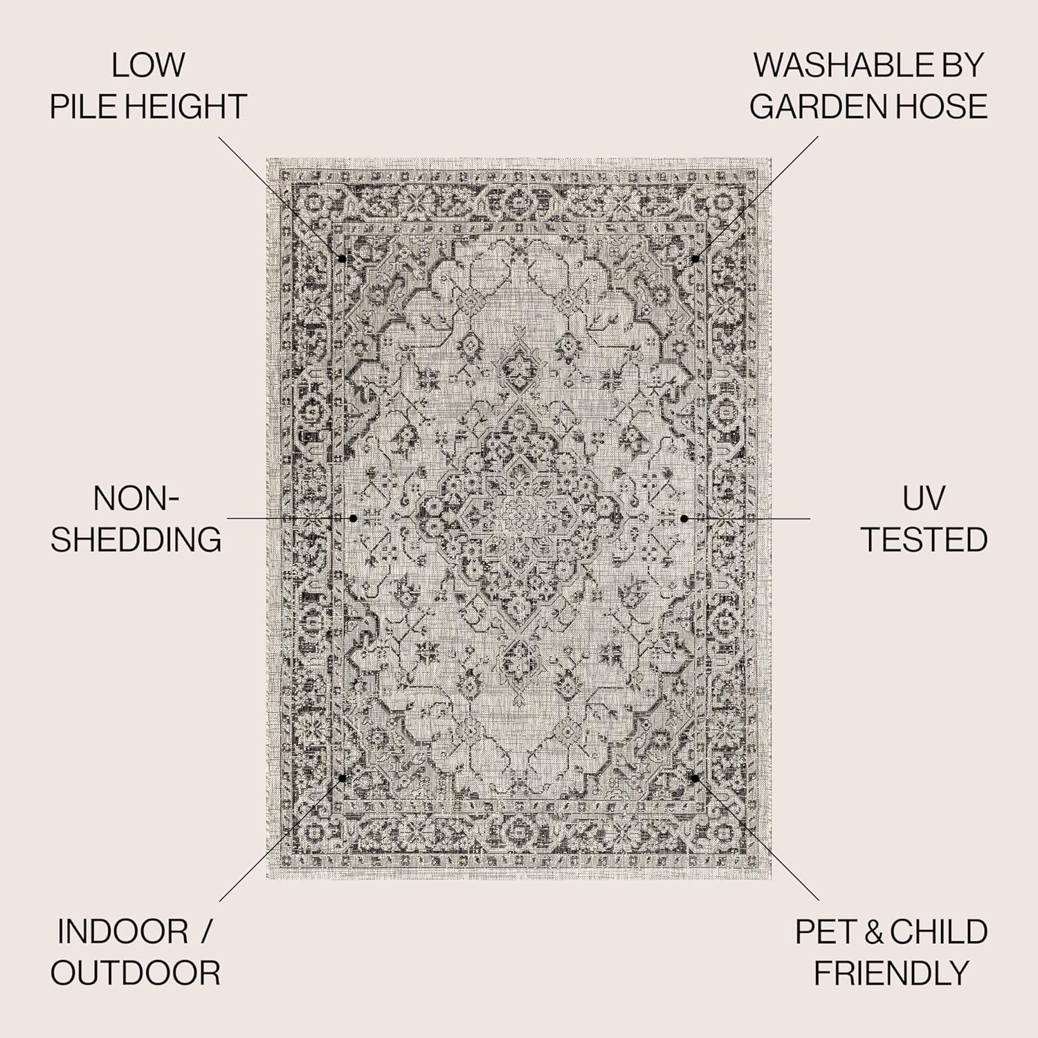 5' Square Rozetta Boho Medallion Textured Weave Indoor/Outdoor Area Rug, Gray/Black - JONATHAN Y
