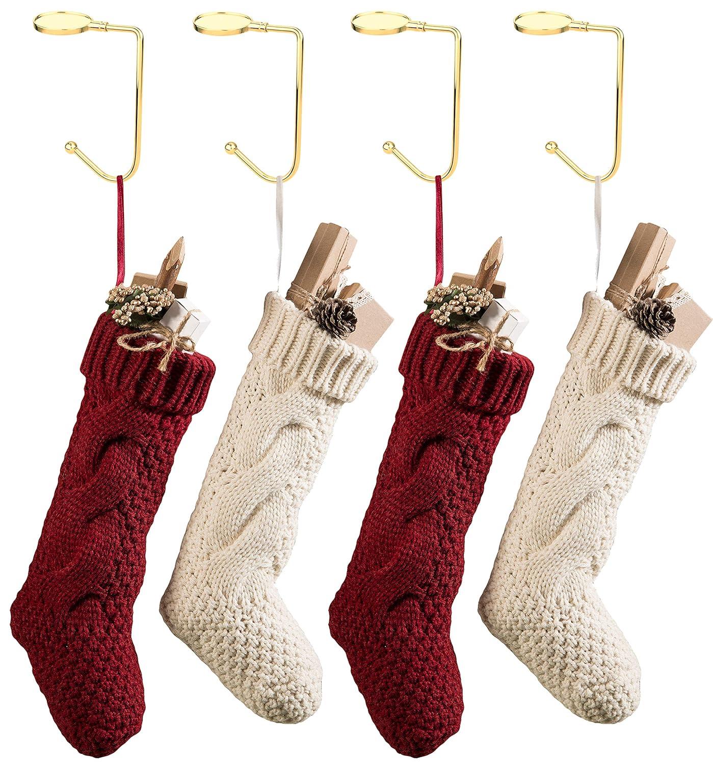 4 Pcs Christmas Stocking Holders for Mantel Hooks Hanger Grip Non-Slip Safety Fireplace Hang Hook for Xmas Christmas Valentine Holiday Party Decoration (Gold)