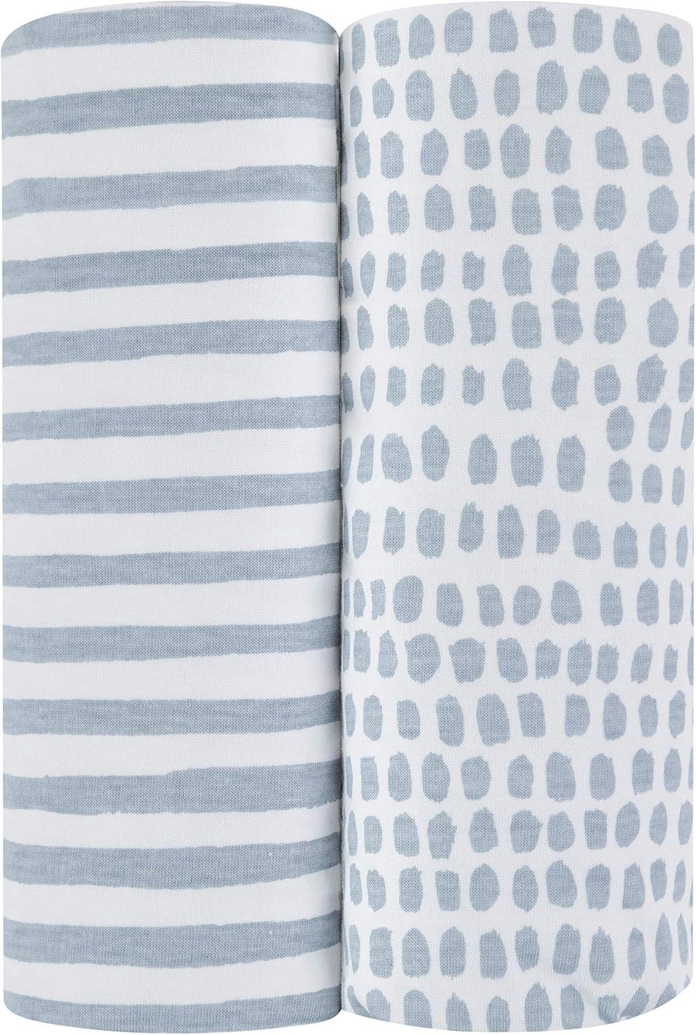 Ely's & Co. Baby Waterproof Changing Pad Cover - Cradle Sheet  100% Combed Jersey Cotton Misty Blue Splash & Stripes 2 Pack