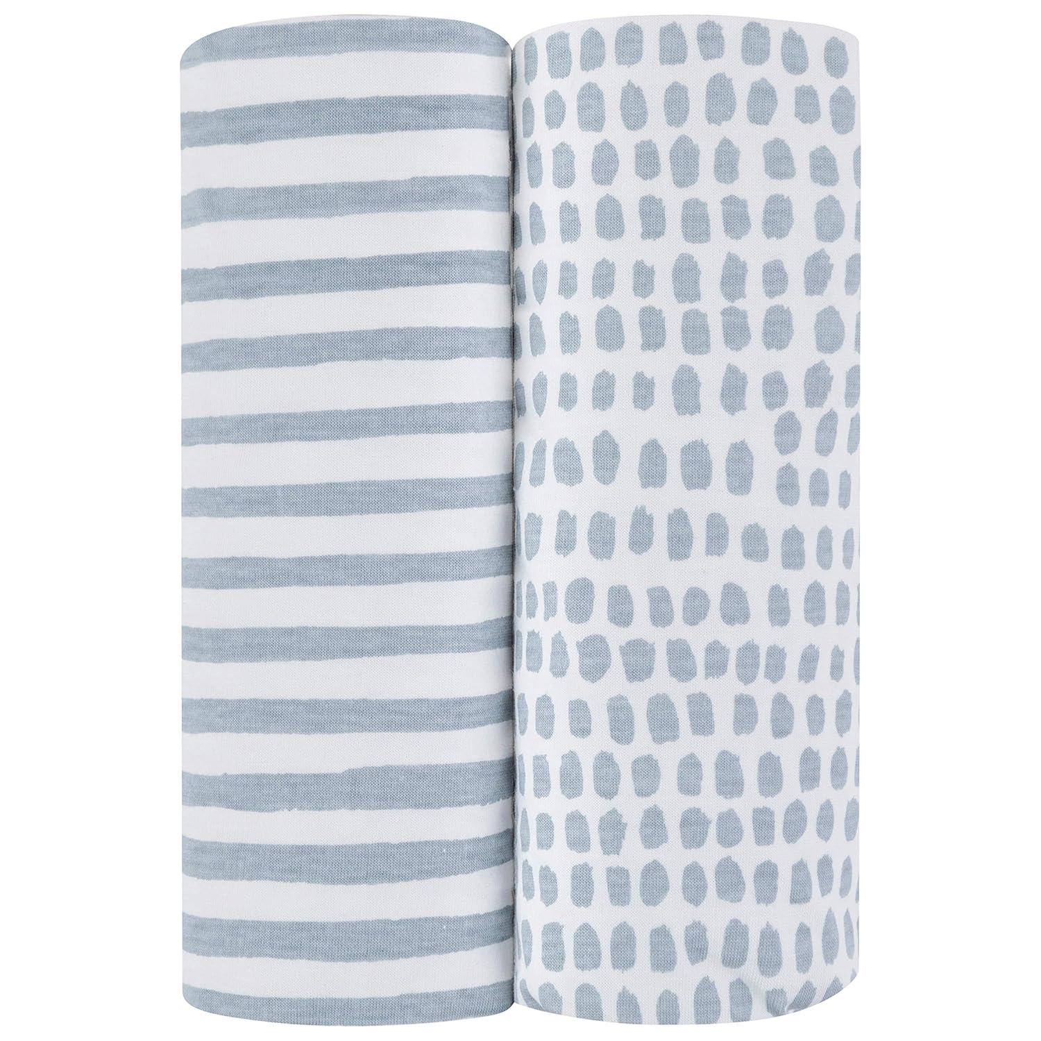 Ely's & Co. Baby Waterproof Changing Pad Cover - Cradle Sheet  100% Combed Jersey Cotton Misty Blue Splash & Stripes 2 Pack