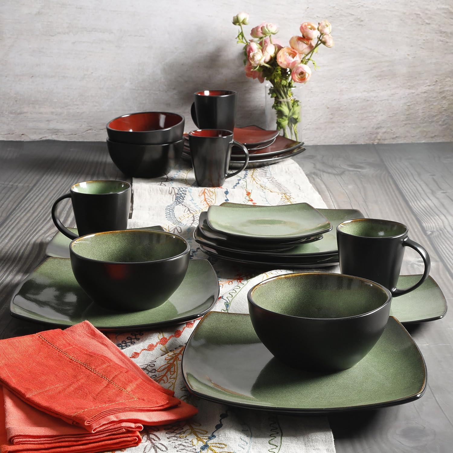 Gibson Soho Lounge Square 16-Piece Stoneware Dinnerware Set Green