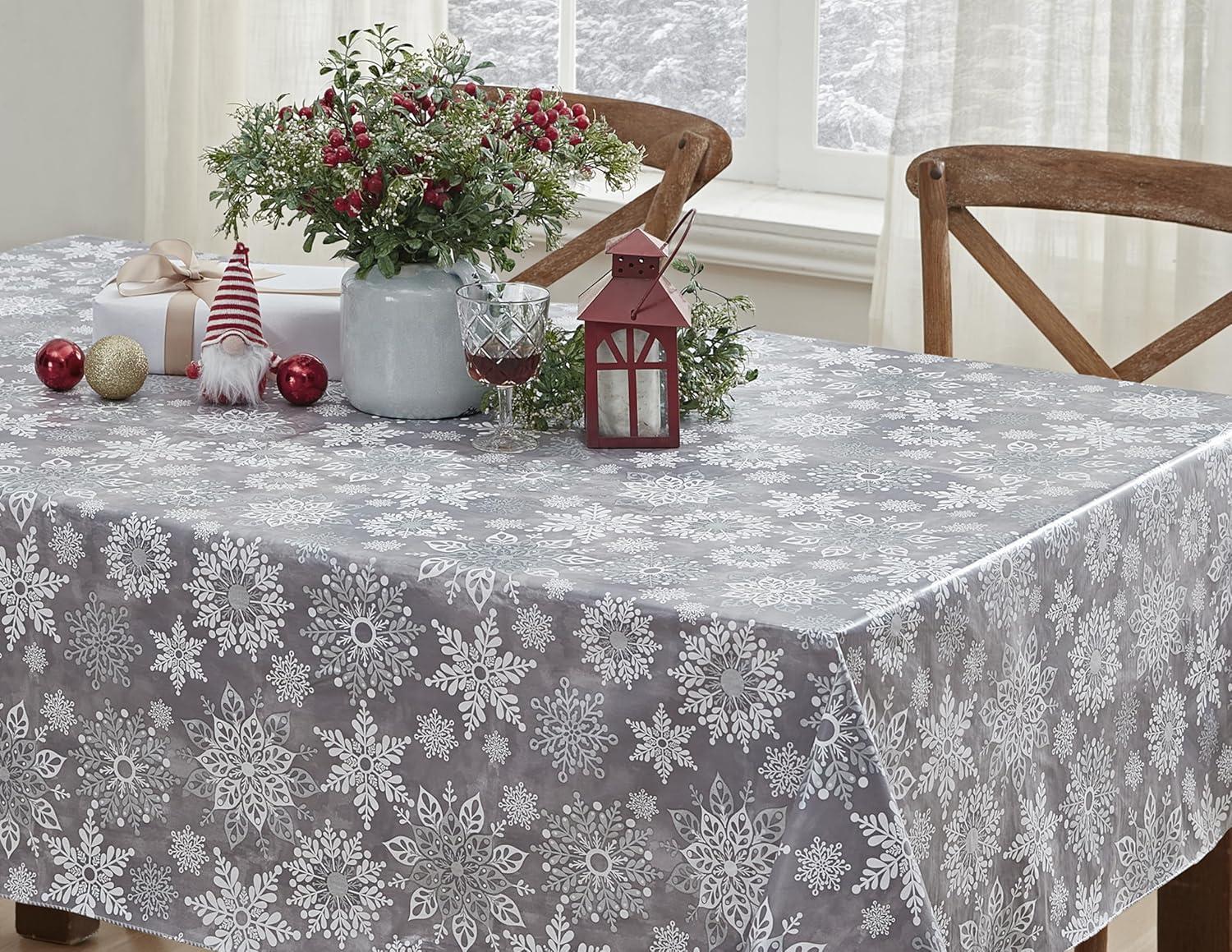 Newbridge Winter Sparkle Vinyl Flannel Backed Christmas Tablecloth - Silver Glitter Snowflake Print Wipe Clean Easy Care Holiday Tablecloth, 52in x 52in Square, Grey/Silver