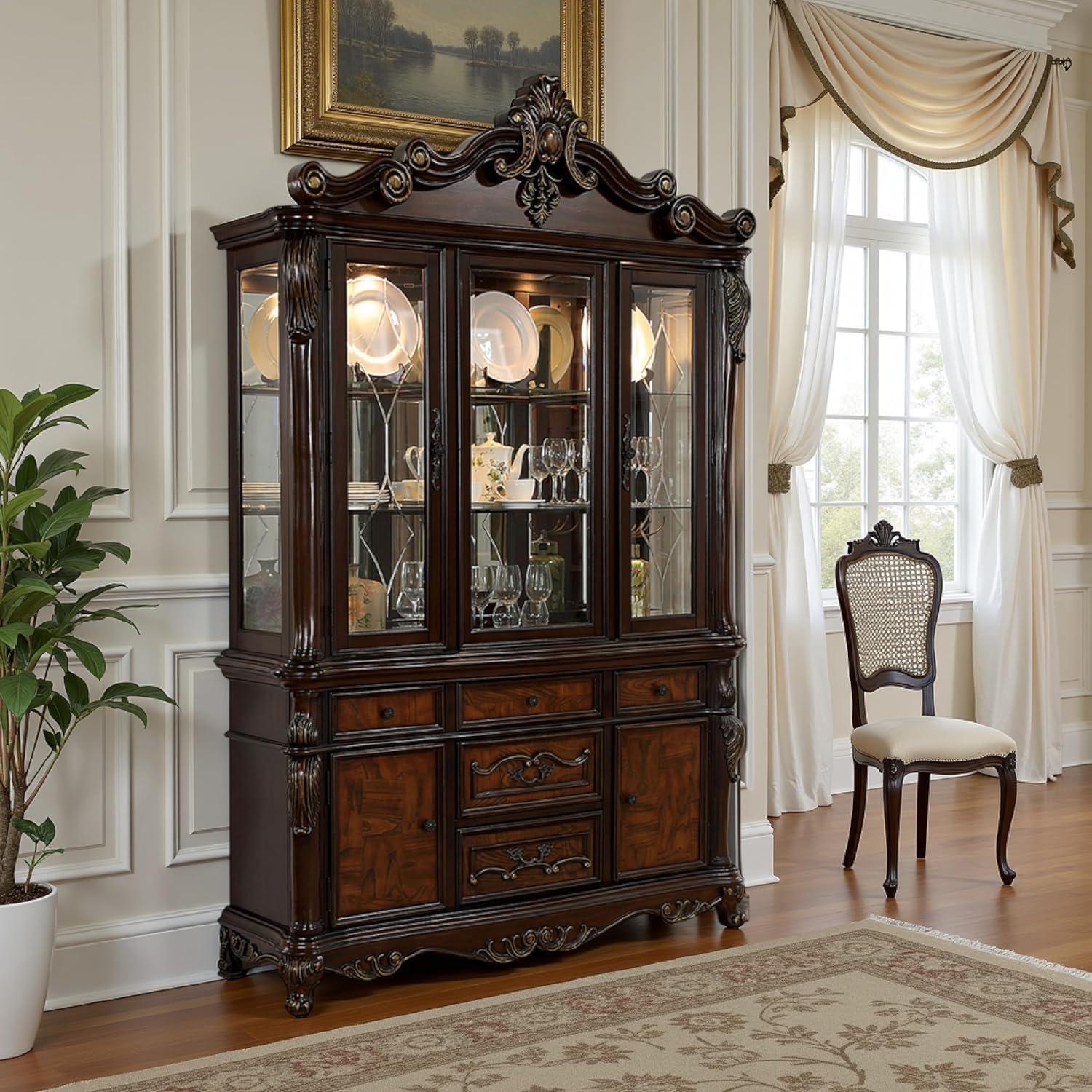 Benjara Zenie Buffet Cabinet and Hutch, Classic Carved, Cherry Brown Solid Wood