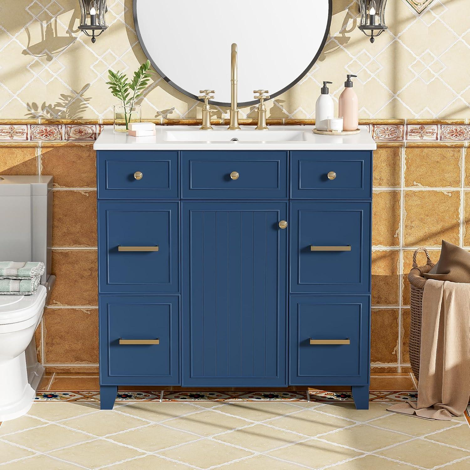 Miekor Furniture 36" Bathroom Vanity Cabinet with Sink Top Combo Set, Navy Blue, Single Sink, Shaker Cabinet with Soft Closing Door and Drawer W5UE-1