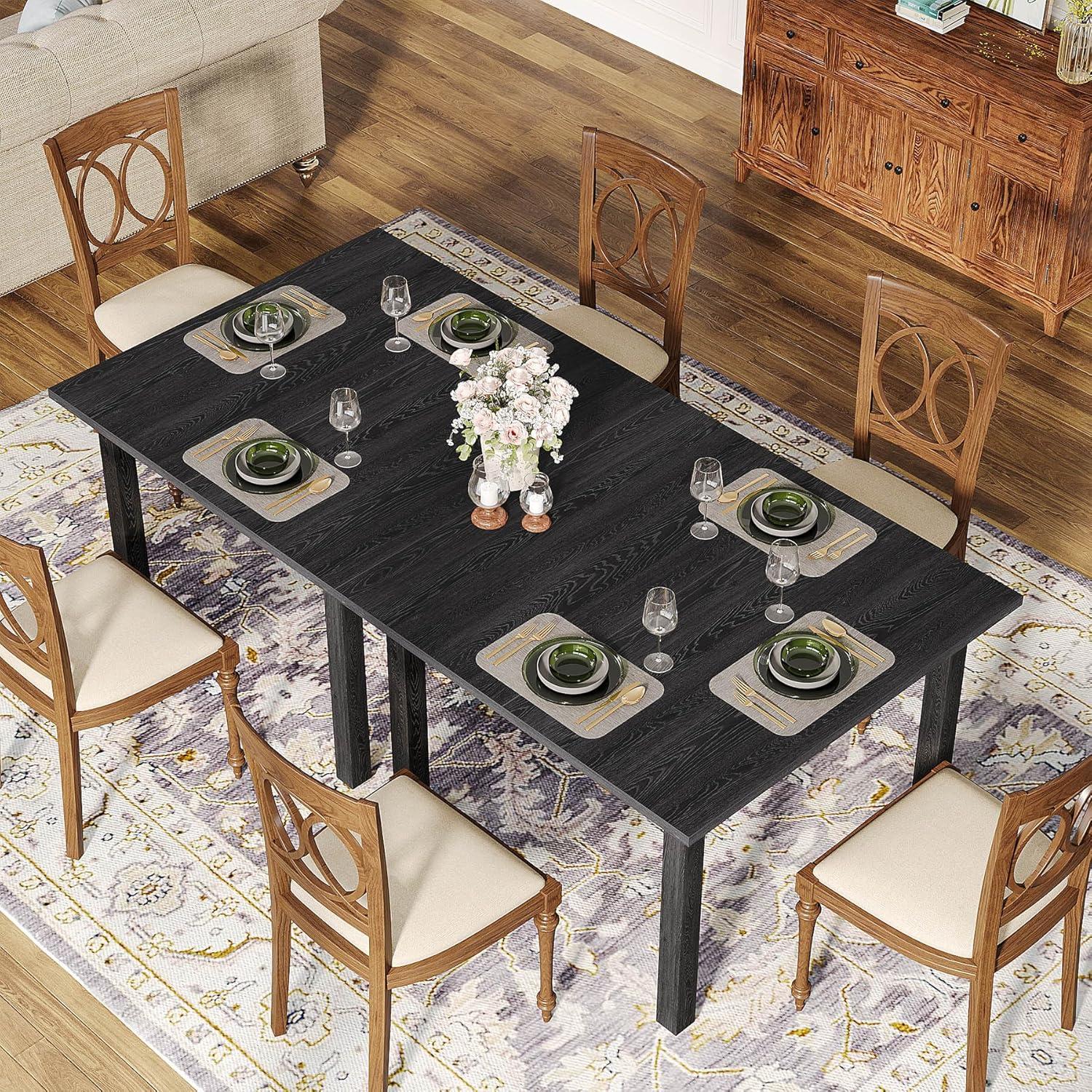 Pure Black Square Dining Table with Solid Wood Legs