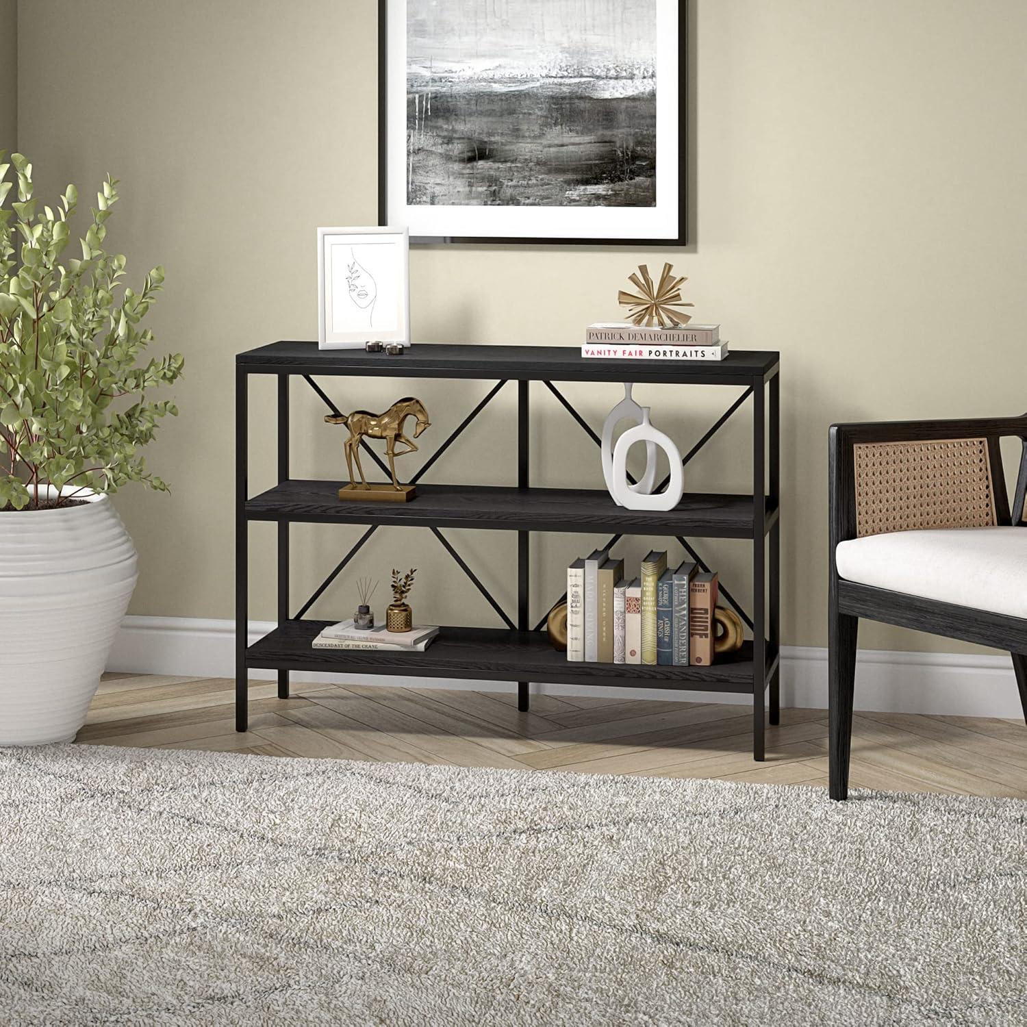 Evelyn&Zoe Kira 64" Wide Rectangular Console Table, Blackened Bronze/Antiqued Gray Oak