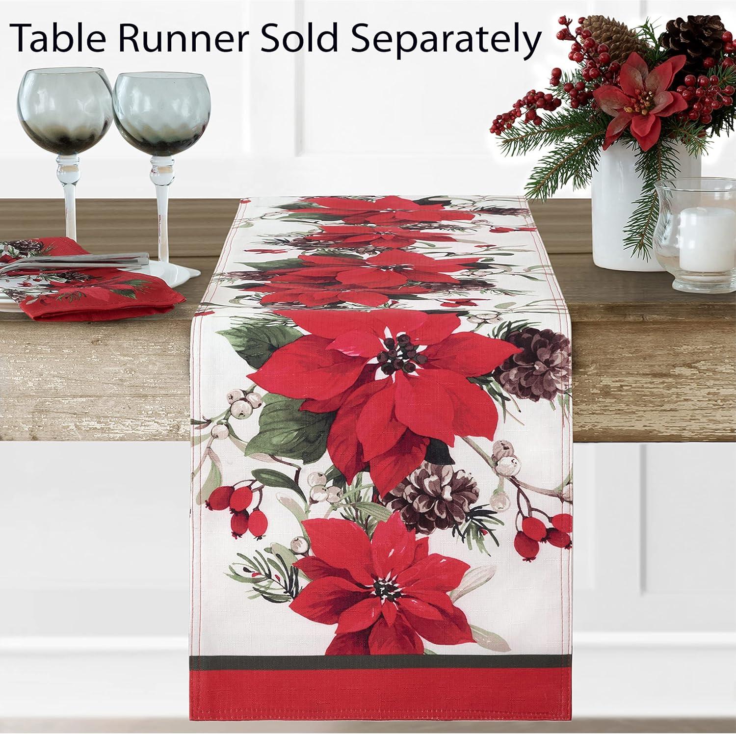 Newbridge Christmas Blooming Poinsettia’s Double Bordered 52 x 52 inch Square Fabric Tablecloth, Holiday Red and White Poinsettia Dining Table Cover