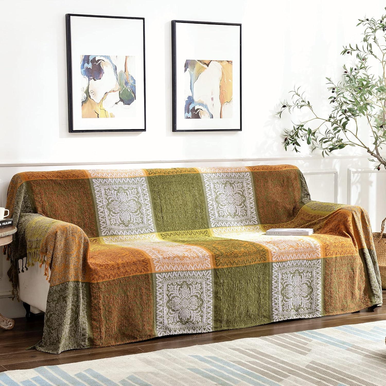 Manta Bohemia, Borlas Bohemias para Cama, Sofá, Silla Suave, Borlas con Flecos de Chenilla (Verde, Grande 86 X 102 Pulgadas)