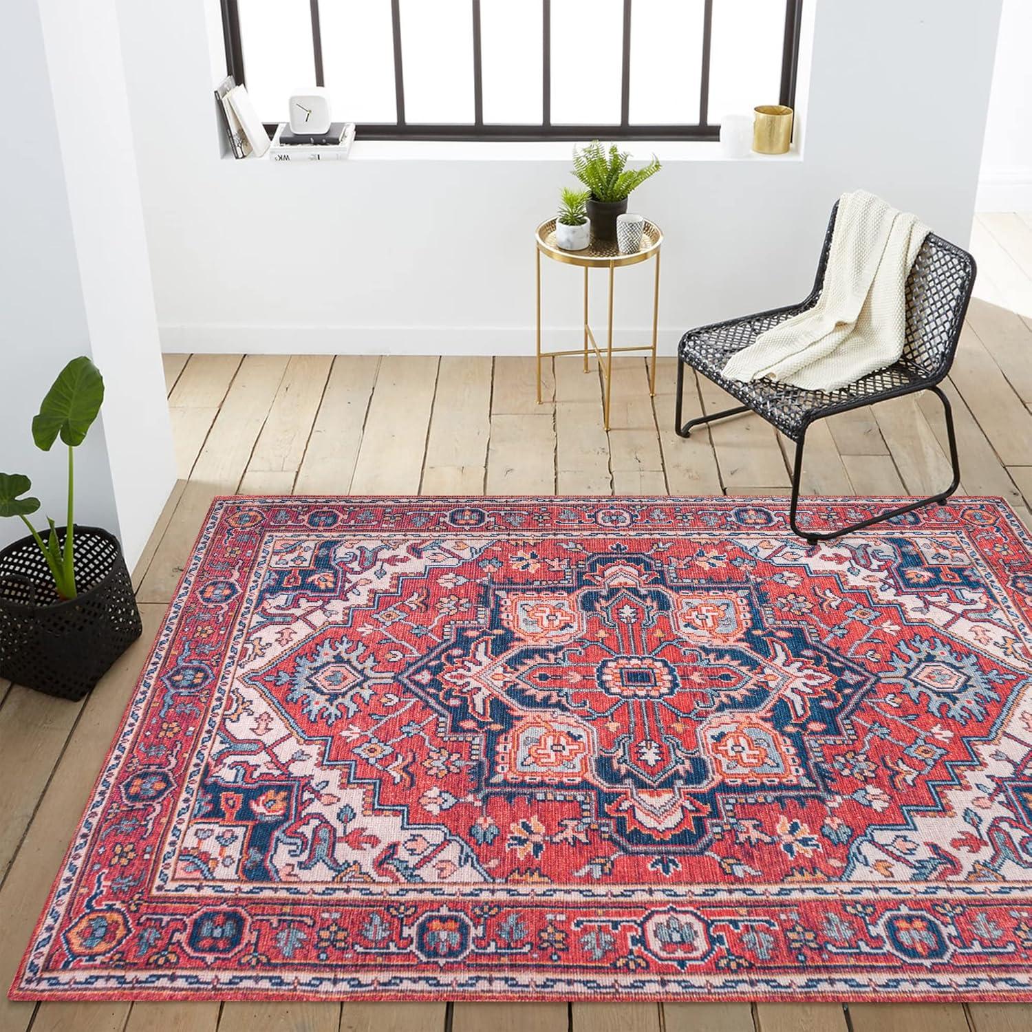 Cirali Medallion Red/Navy 4' x 6' Washable Synthetic Area Rug