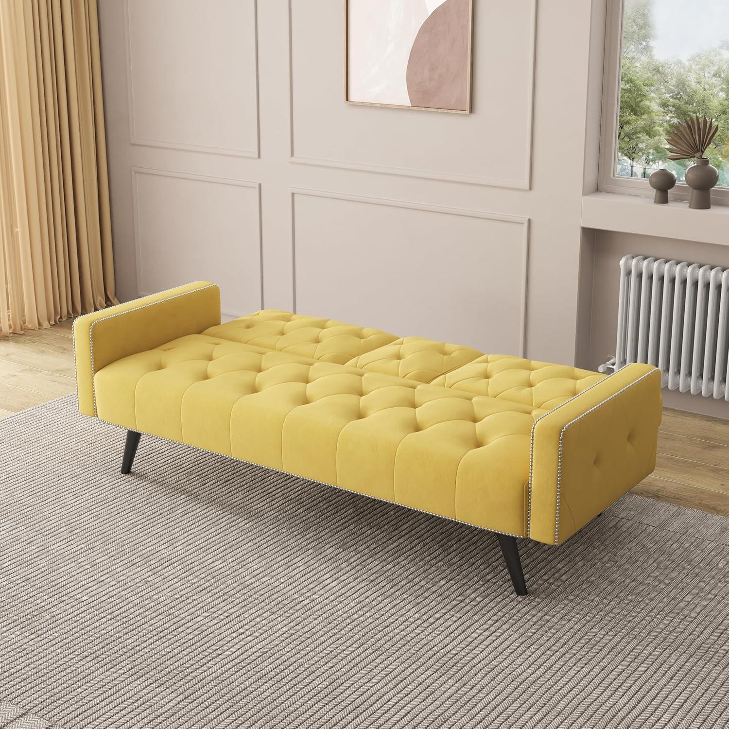 Modern Futon Sofa Bed, Armrest With Nail Head Trim, Convertible Sofa Bed, with 2 Cup Holders, 72" Velvet Loveseat Sofa Couch, Upholstered Sleeper Sofa Bed for Small Space