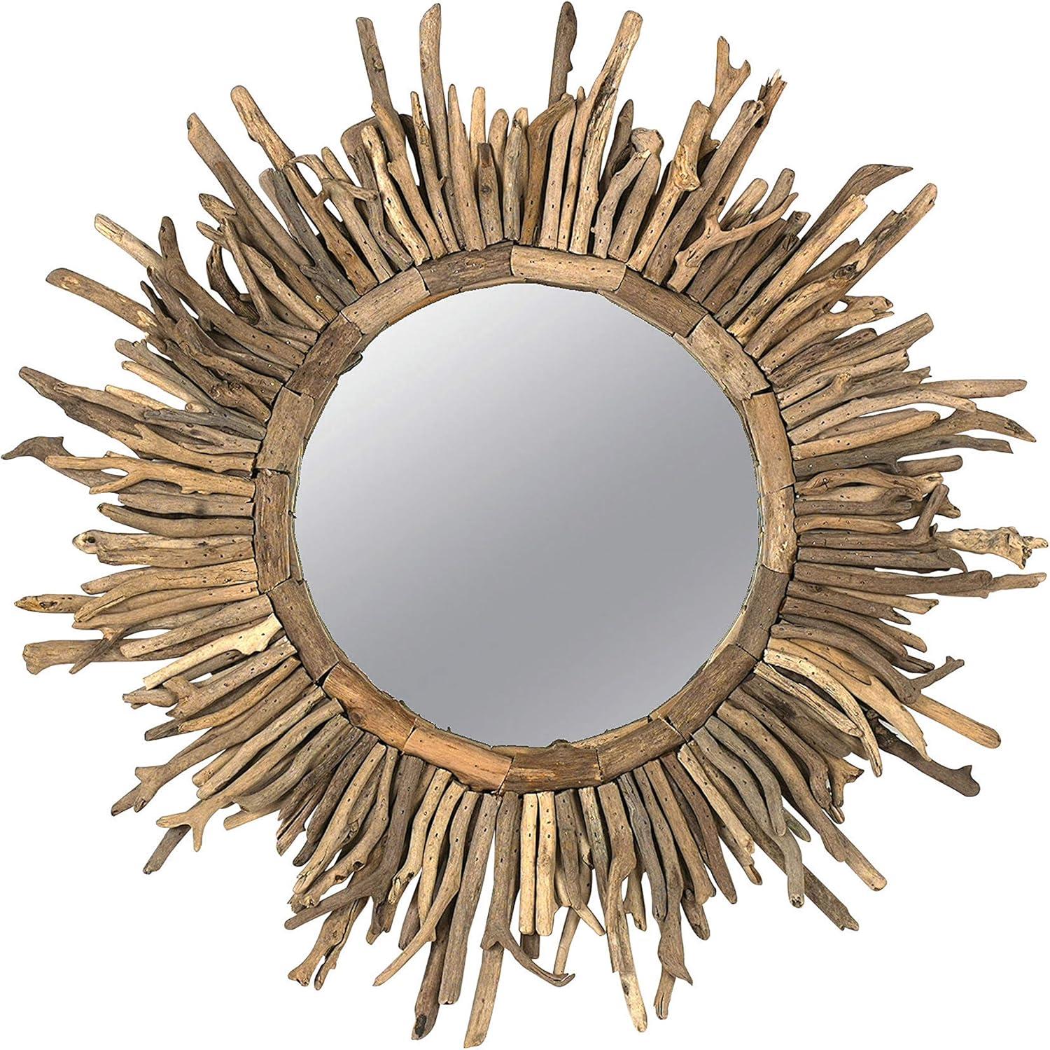 Coastal Charm Driftwood Sunburst Round Wall Mirror, 26"