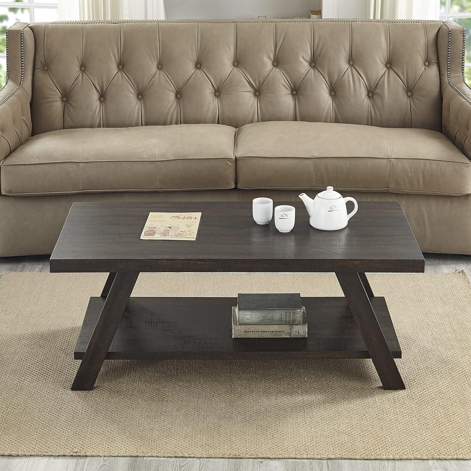Roundhill Furniture Athens Contemporary Wood Shelf Coffee Table in Weathered Espresso