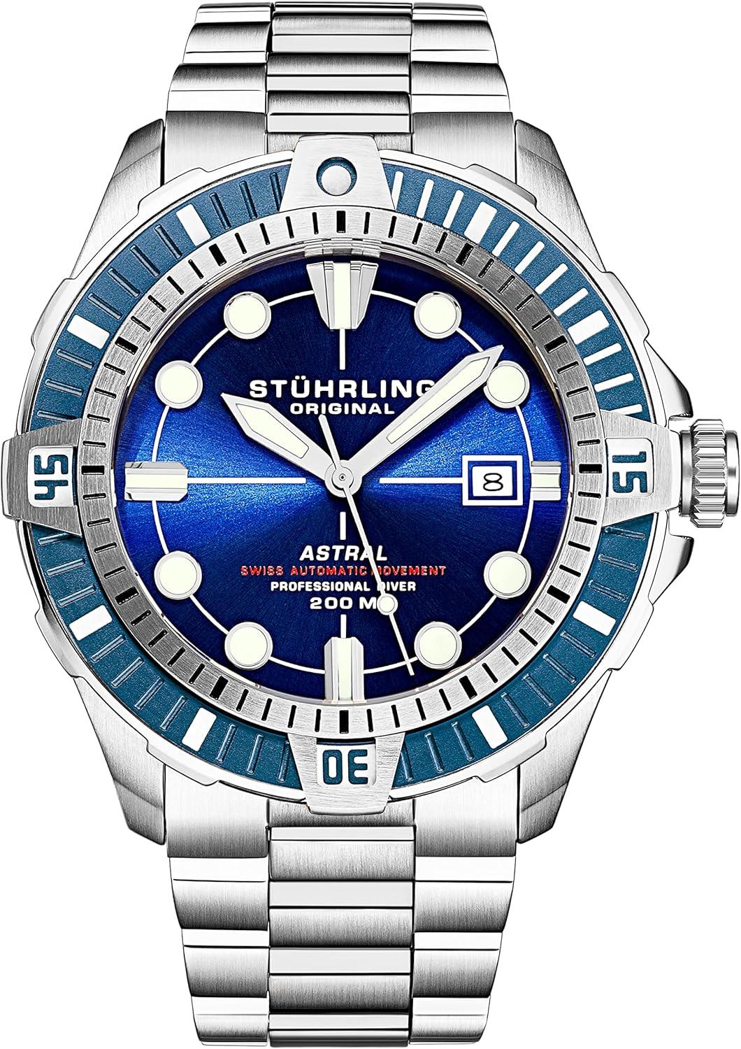 Stuhrling Mens Dive Watch with Swiss Automatic Movement Stainless Steel Case and Bracelet Screw Down Crown Water Resistant to 200 Meters