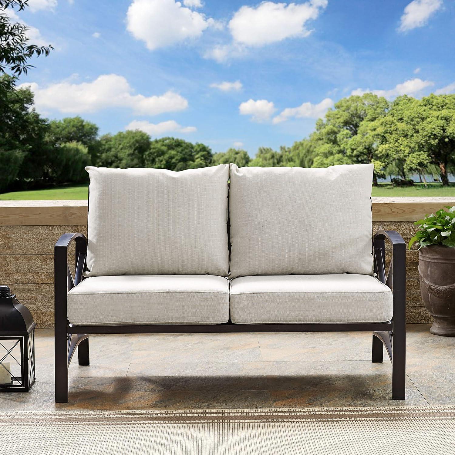 Oatmeal and Bronze Metal Outdoor Loveseat with Cushions