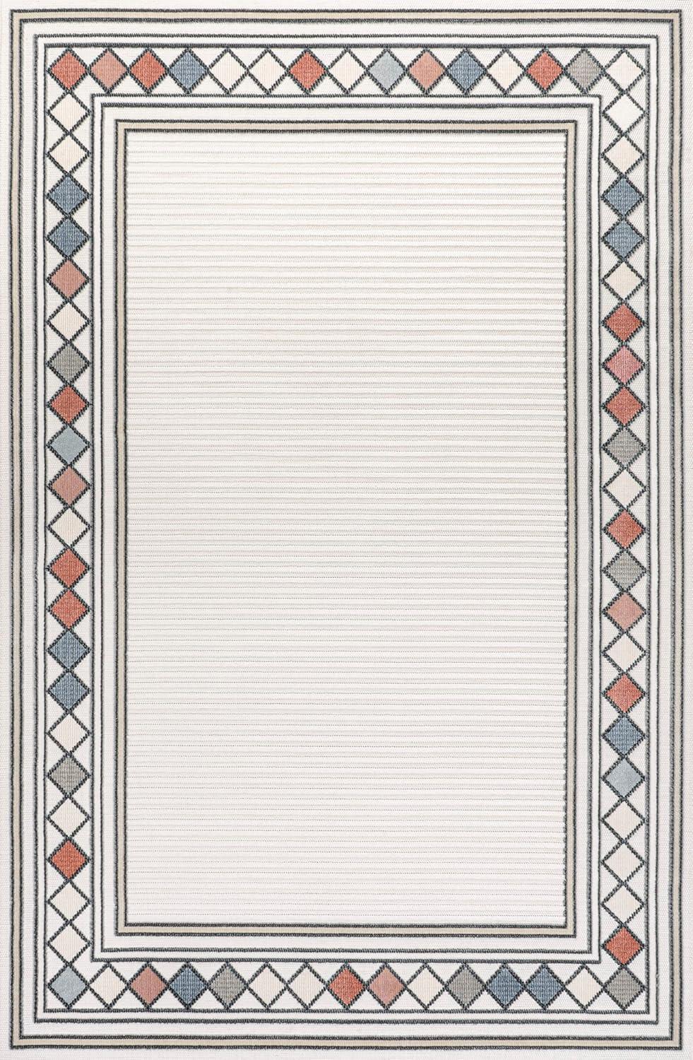 JONATHAN Y Sebastian High-Low Modern Diamond Border Ivory/Beige 3 ft. x 5 ft. Indoor/Outdoor Area Rug