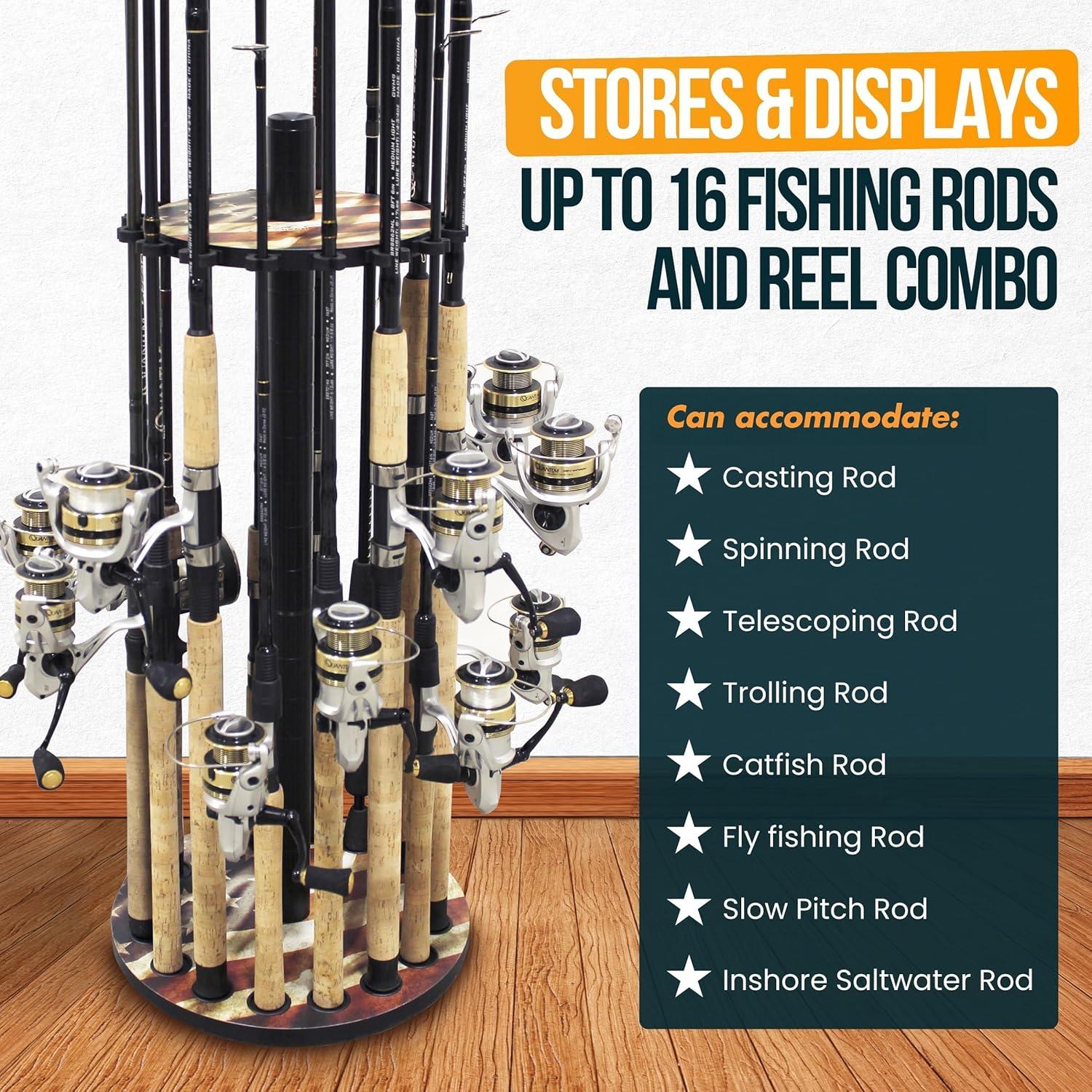 Rush Creek Creations 16 Round Fishing Rod/Pole Storage Floor Rack Americana Finish - Features Heavy Duty Steel Post - No Tool Assembly