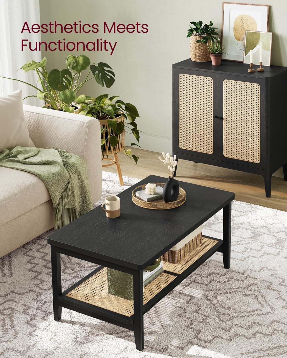 VASAGLE 2-Tier Coffee Table for Living Room, Living Room Table Rectangular Center Table, with PVC Rattan Storage Shelf, Rounded Corners, Easy Assembly, Boho Style, Ash Black ULCT240B21
