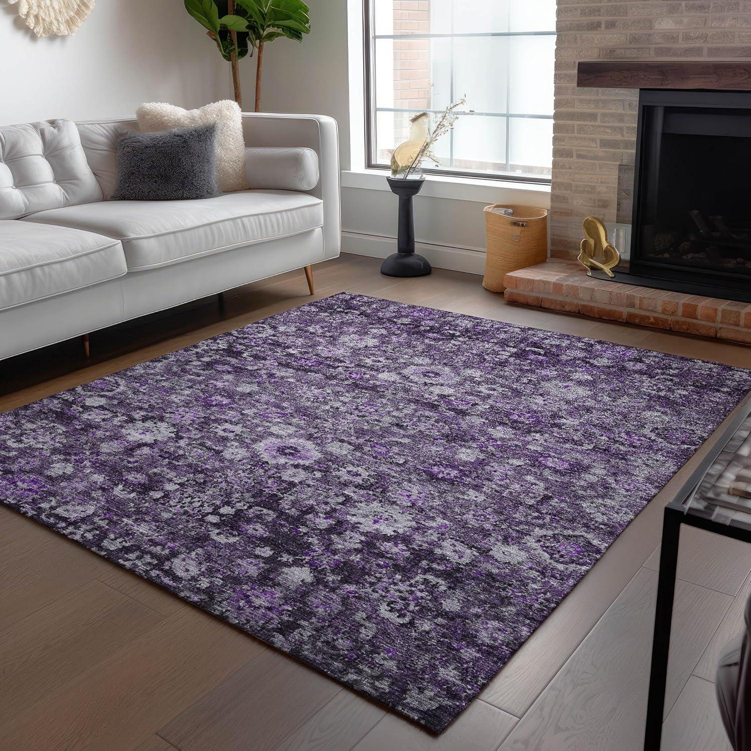Purple Rectangular Machine-Washable Synthetic Area Rug