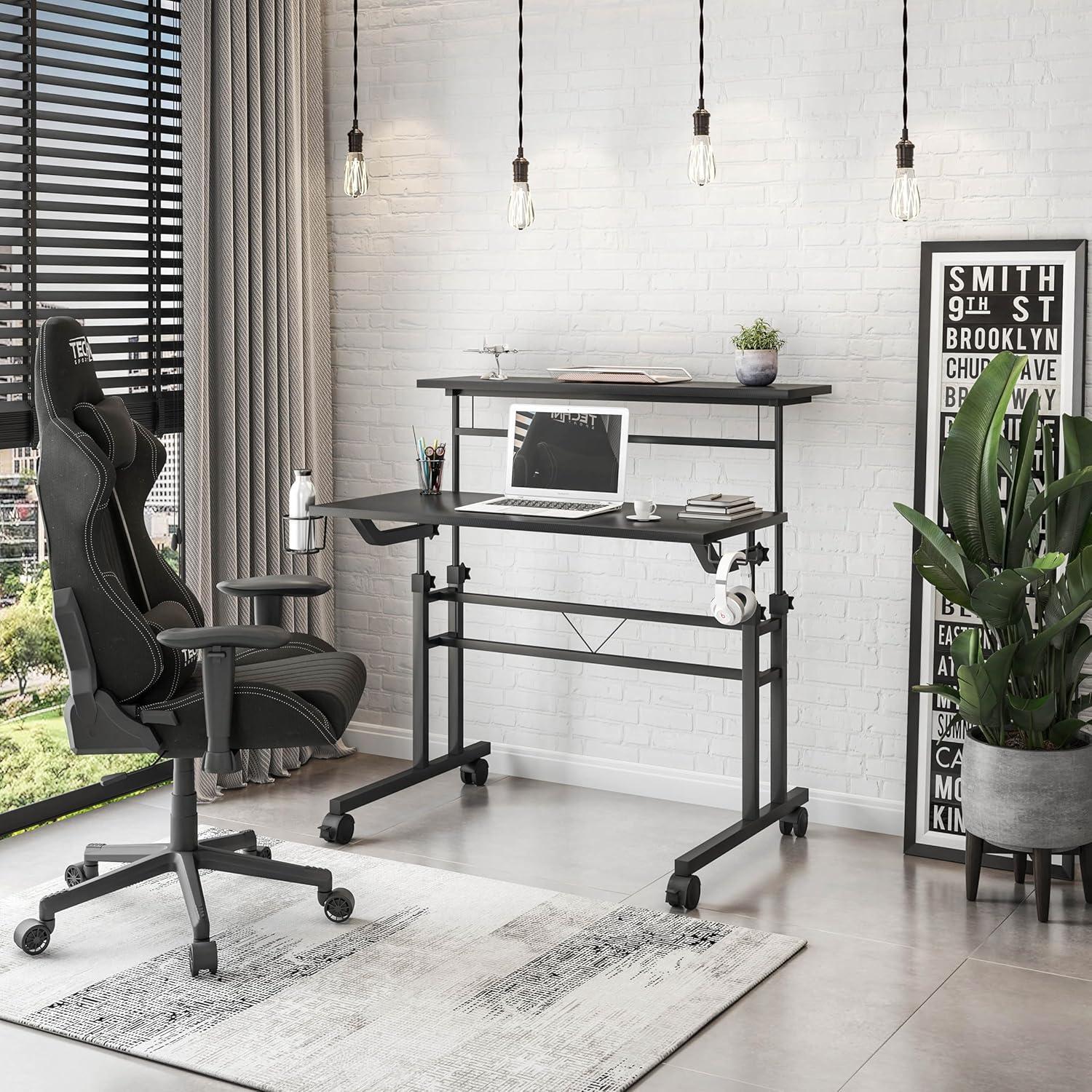 Inbox Zero Mobili Rolling Writing Desk – Height Adjustable with Moveable Shelf & Locking Wheels