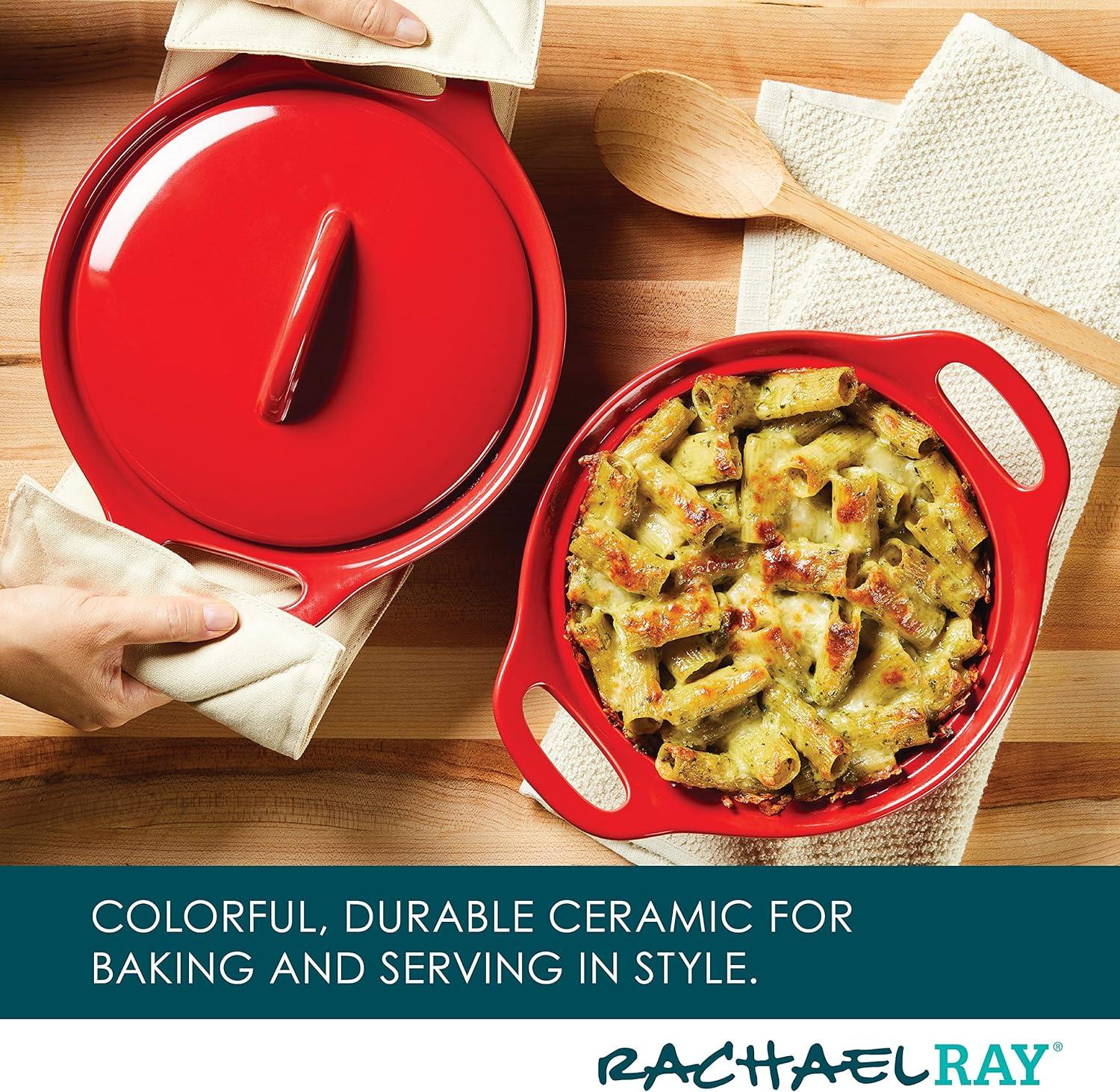 Rachael Ray Rachael Ray Ceramic Casserole Bakers Set, Includes 1.5-Quart And 2-Quart Round Casserole, With Shared Lid, 3 Piece, Red