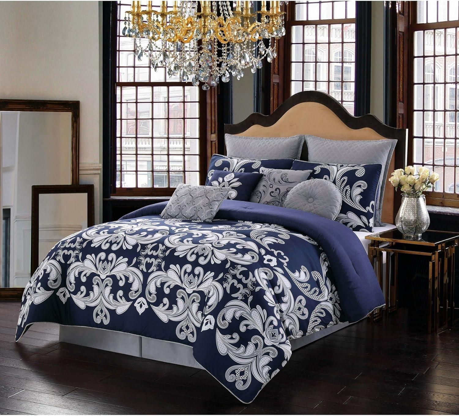 Cottage Classics Dolce Navy & Silver Scroll 10-Piece Comforter Set by Style 212