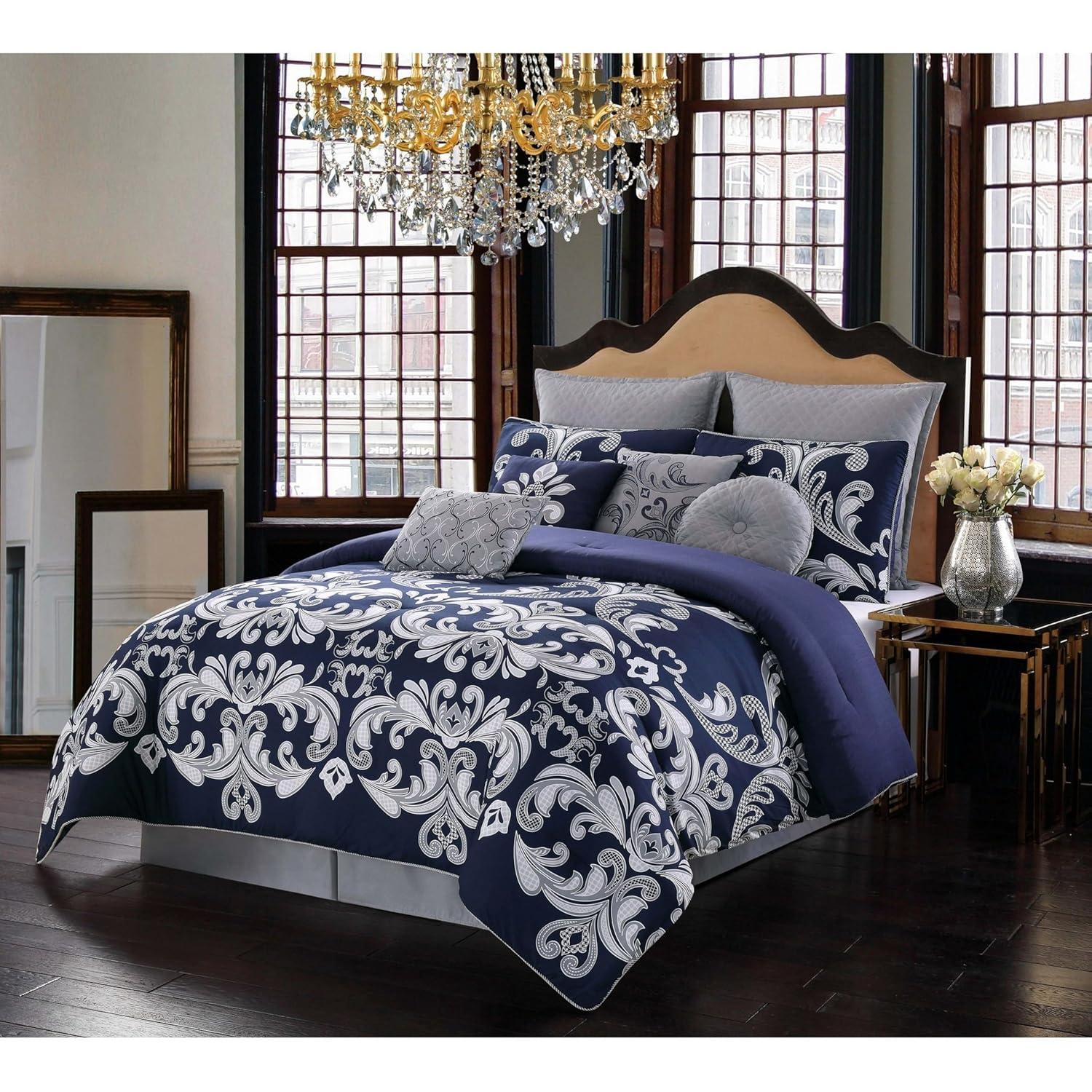 Cottage Classics Dolce Navy & Silver Scroll 10-Piece Comforter Set by Style 212