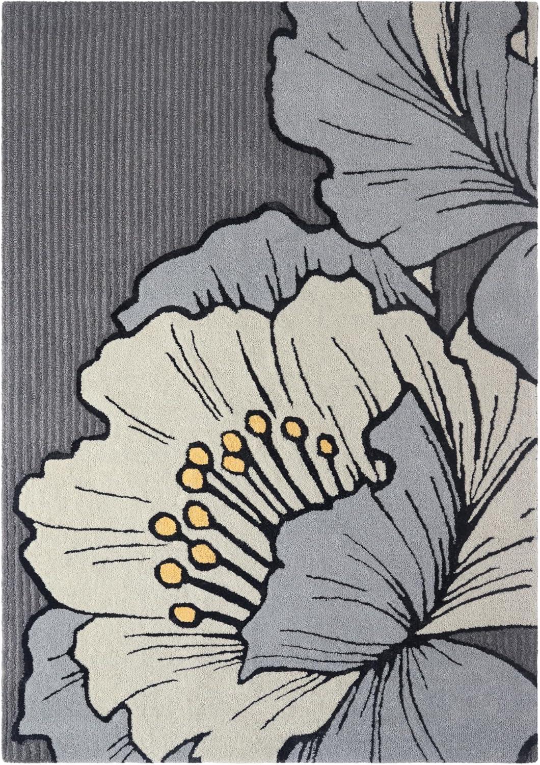 NICOLE MILLER NEW YORK Flora Grandeur Bloom Handcrafted Area Rug, Natural Wool Rug, Bold Floral Rug, Grey, 6'x9'