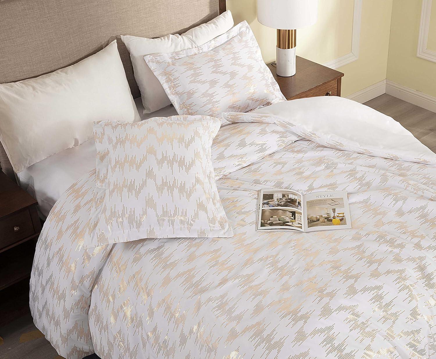 Chezmoi Collection Samantha 3-Piece White Printed Sound Wave Vector Gold Metallic Comforter Set, Queen Size