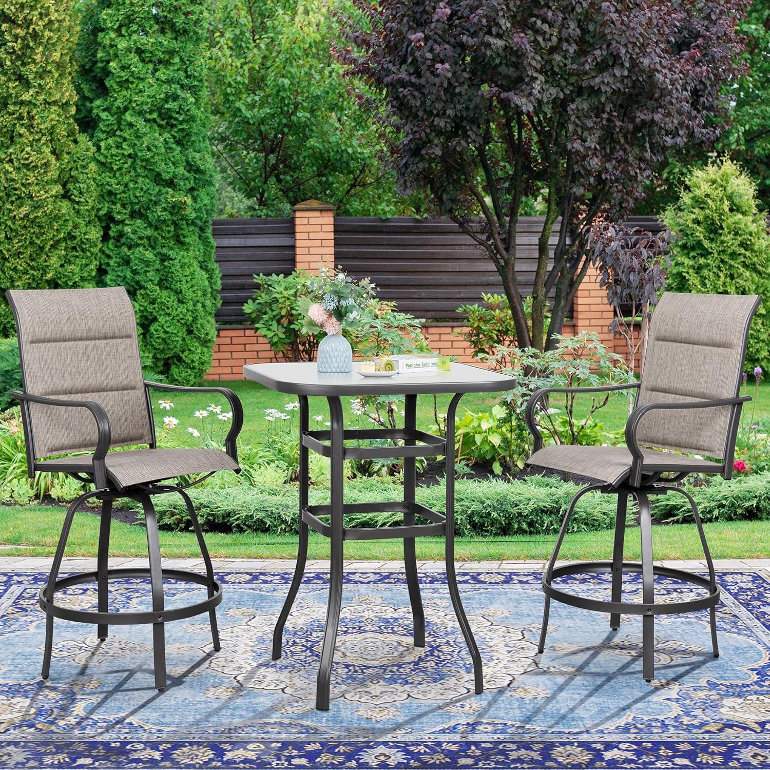 Vongrasig 3 Piece Patio Swivel Bar Set, All Weather Mental Textilene High Swivel Bar Stools Chair Set of 2 and Glass Bar Table, Outdoor High Top Bistro Set for Lawn Garden, Balcony, Gray