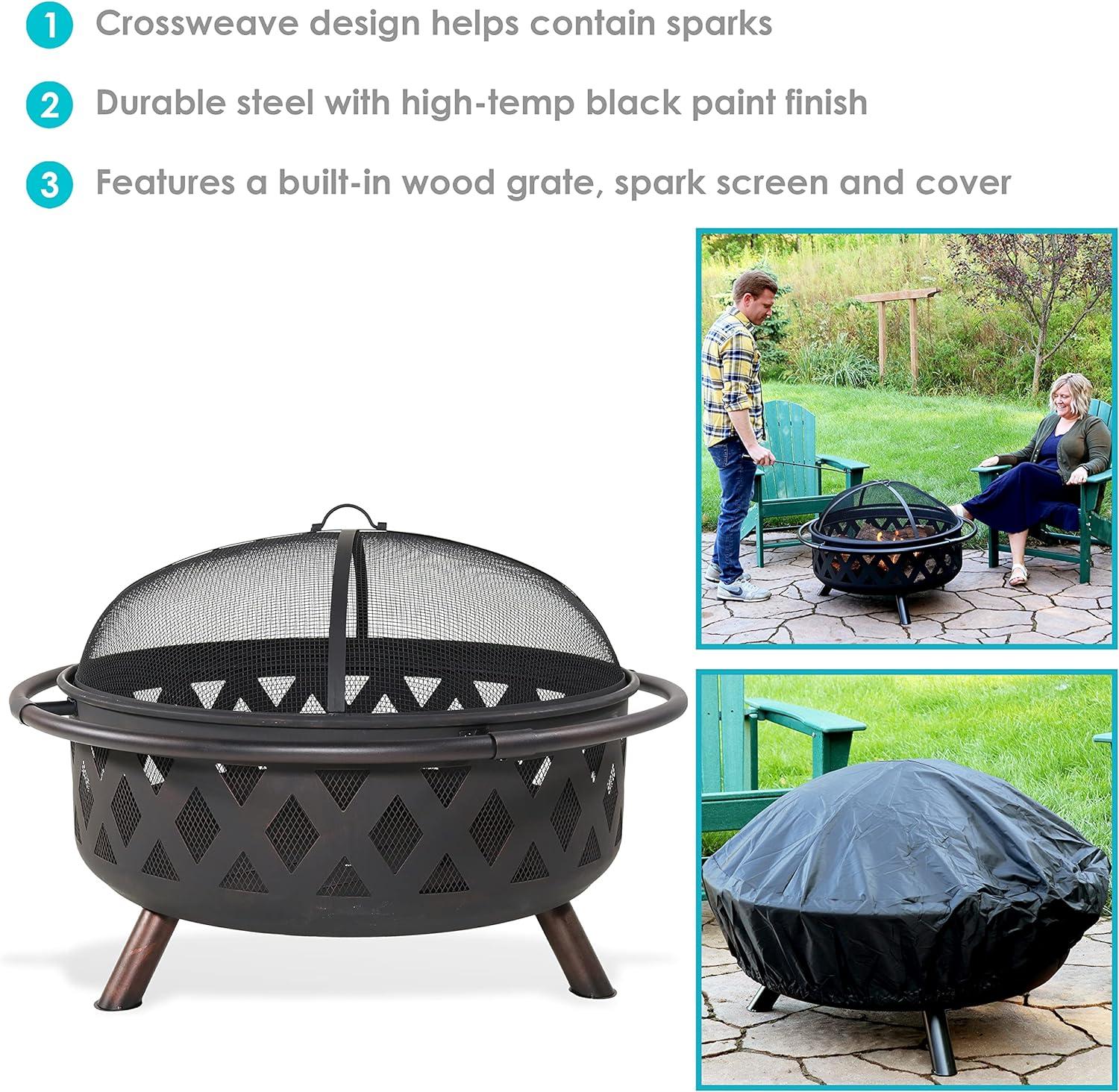 Sunnydaze Crossweave Heavy-Duty Steel Outdoor Fire Pit with Spark Screen, Poker, Grill, and Cover - Black