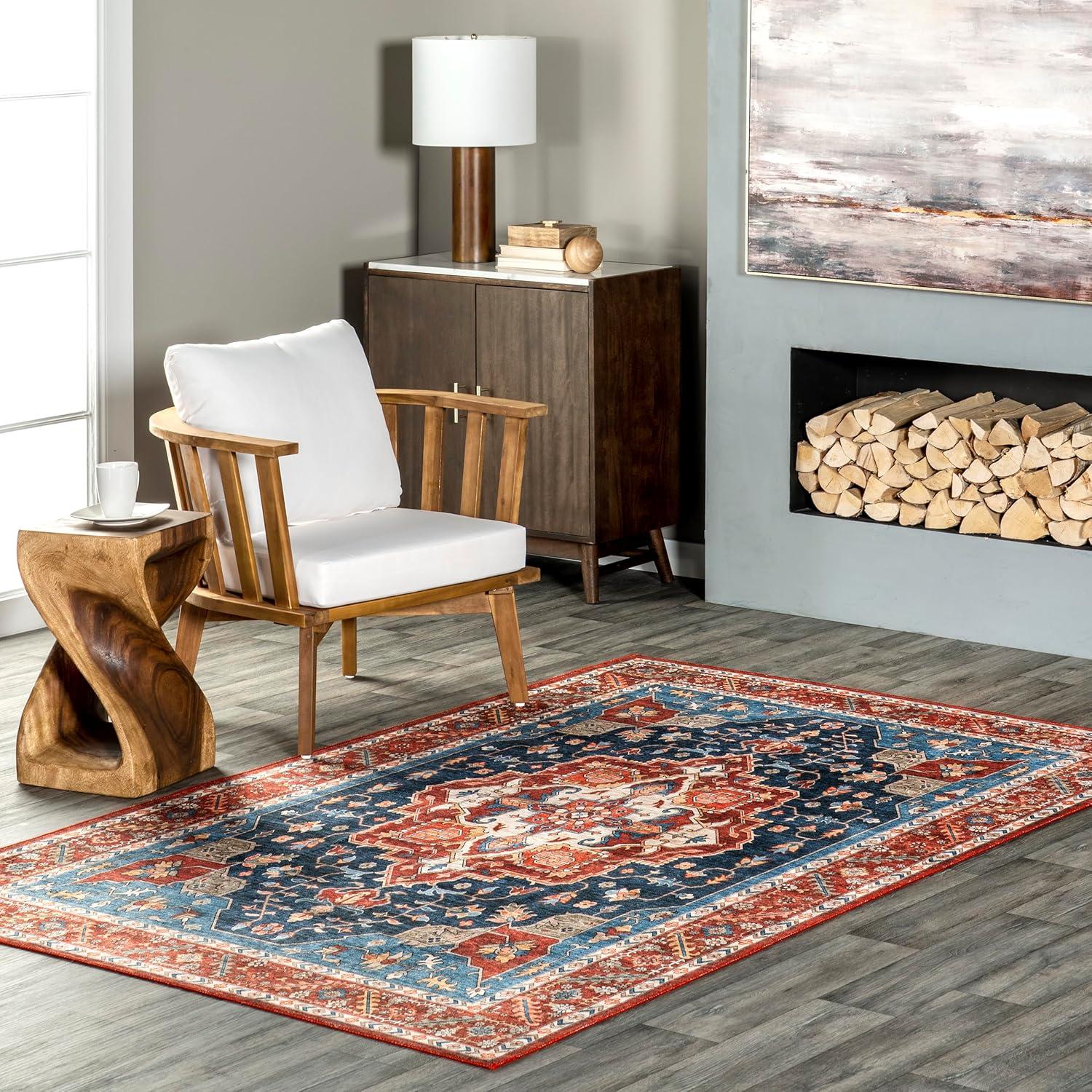 Hera Blue and Red Medallion Washable Synthetic Area Rug