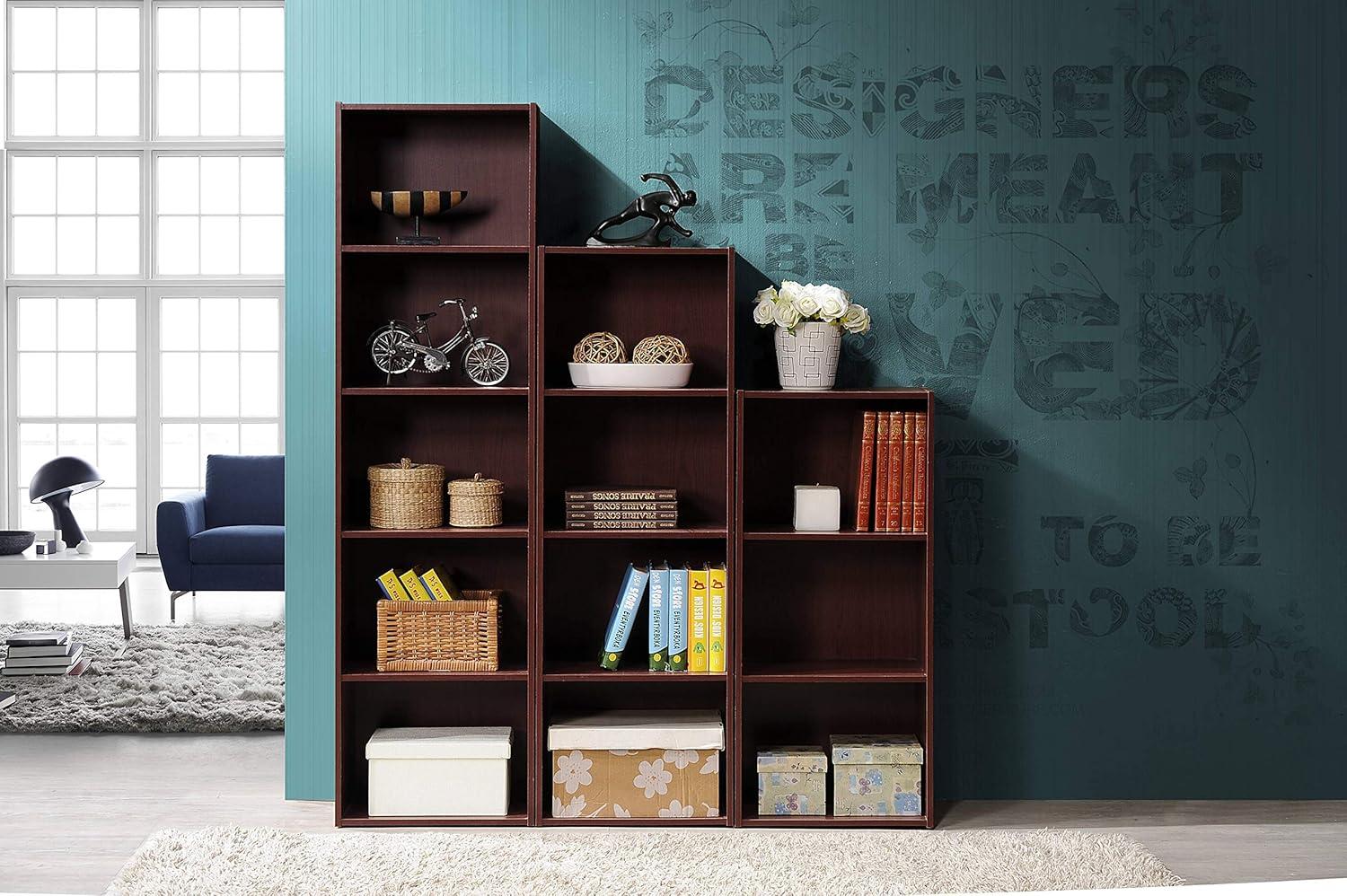 Hodedah 12 x 16 x 60 Inch 5 Shelf Bookcase and Office Organizer Solution for Living Room, Bedroom, Office, or Nursery, Mahogany Wood Finish