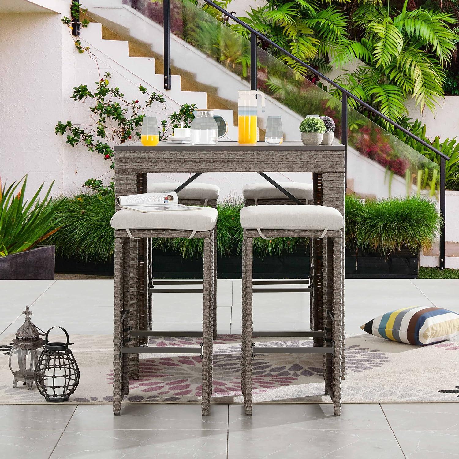 Patio Festival 5-Piece Outdoor Rattan Bar Dining Set in Brown/Gray