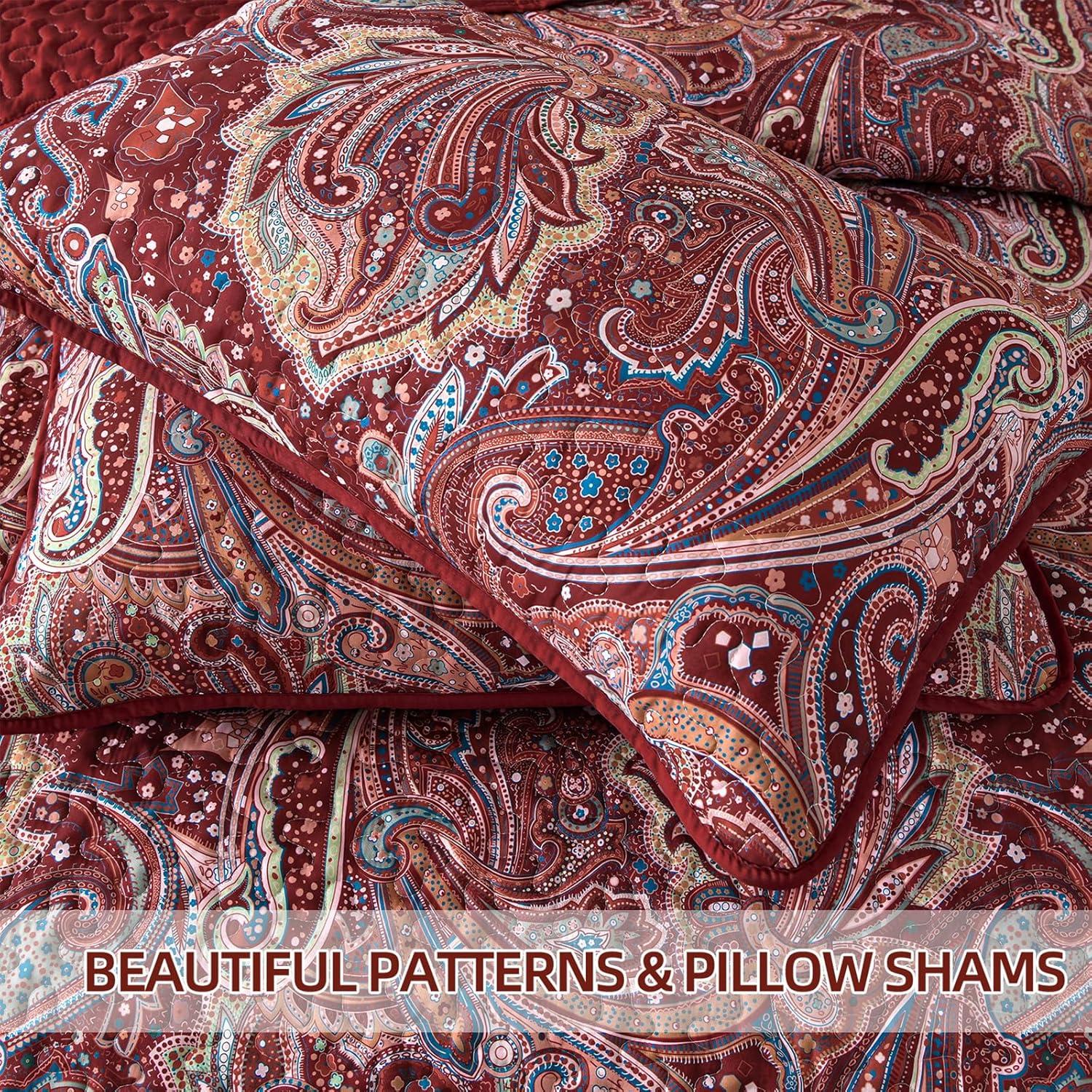 DJY Red Paisley Quilt Set Queen Size Boho Quilt Bedspread Set 3 Pieces, Soft Lightweight Microfiber Coverlet Set Burgundy Paisley Floral Pattern Bedding for All Season, 96''x90''