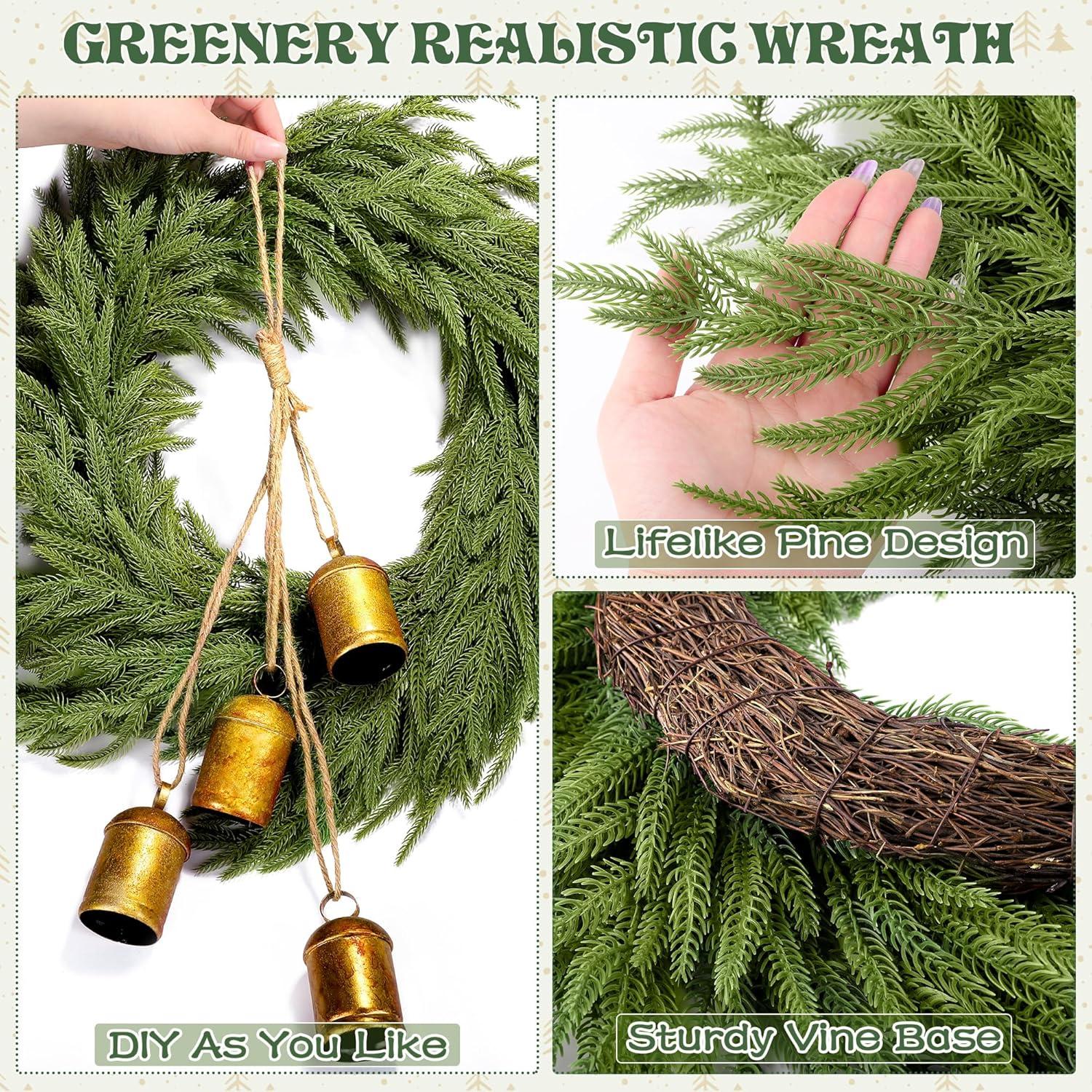 24" Pine Wreath for Front Door Artificial Christmas Wreath Green Faux Pine Wreath for Wall Windows Mantle Outdoor Christmas Decoration