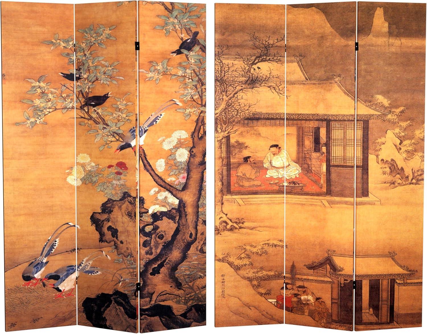 6' Tall Double Sided Chinese Landscapes Canvas Room Divider - Oriental Furniture: 3-Panel, Wood Composite