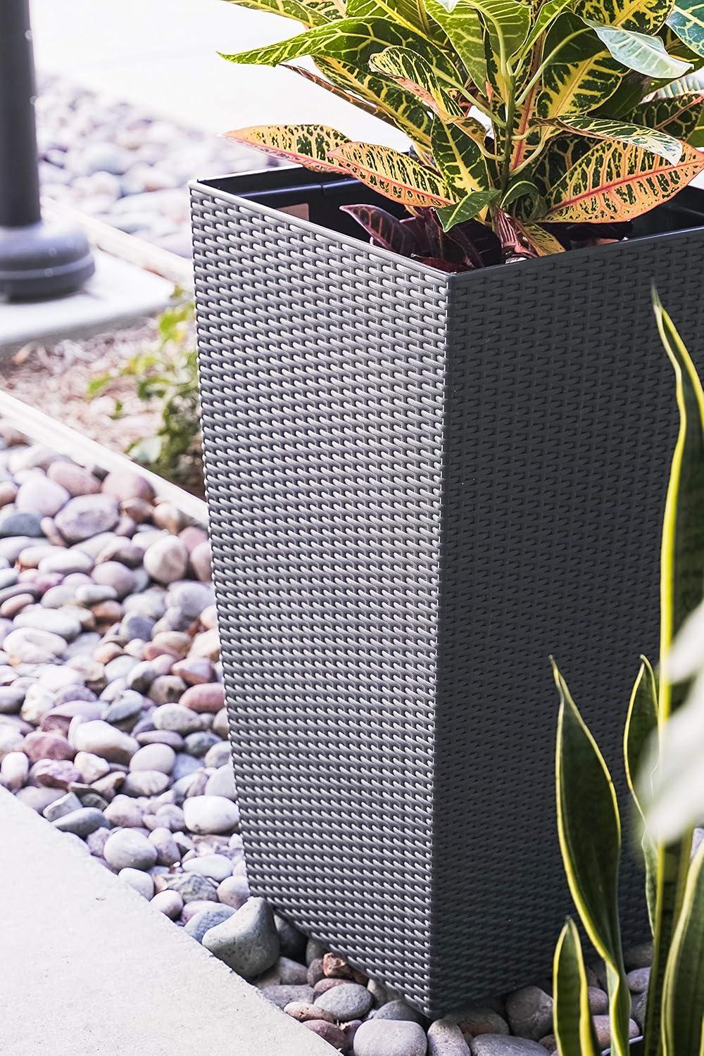 XBrand 30" H Black Rattan Self Watering Indoor Outdoor Square Planter Pot, Tall Decorative Gardening Pot, Home Décor Accent