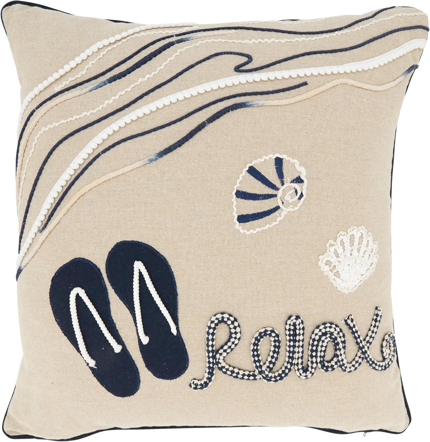 Beige Cotton Beachscape Design Throw Pillow Cover, 18x18