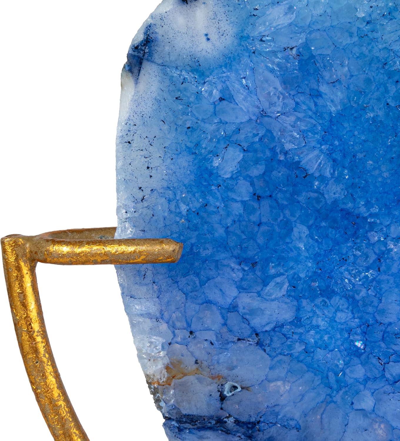 Blue Agate Stone Slice on Gold Metal Stand