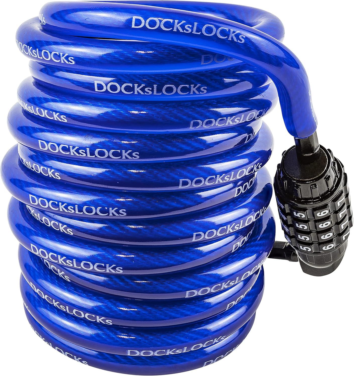 DocksLocks 10ft Weatherproof Coiled Cable Combination Lock for Bikes, Kayaks, Paddleboards, Marine Grade Steel, Anti-Theft Vinyl Coated Cable 1.35 lbs