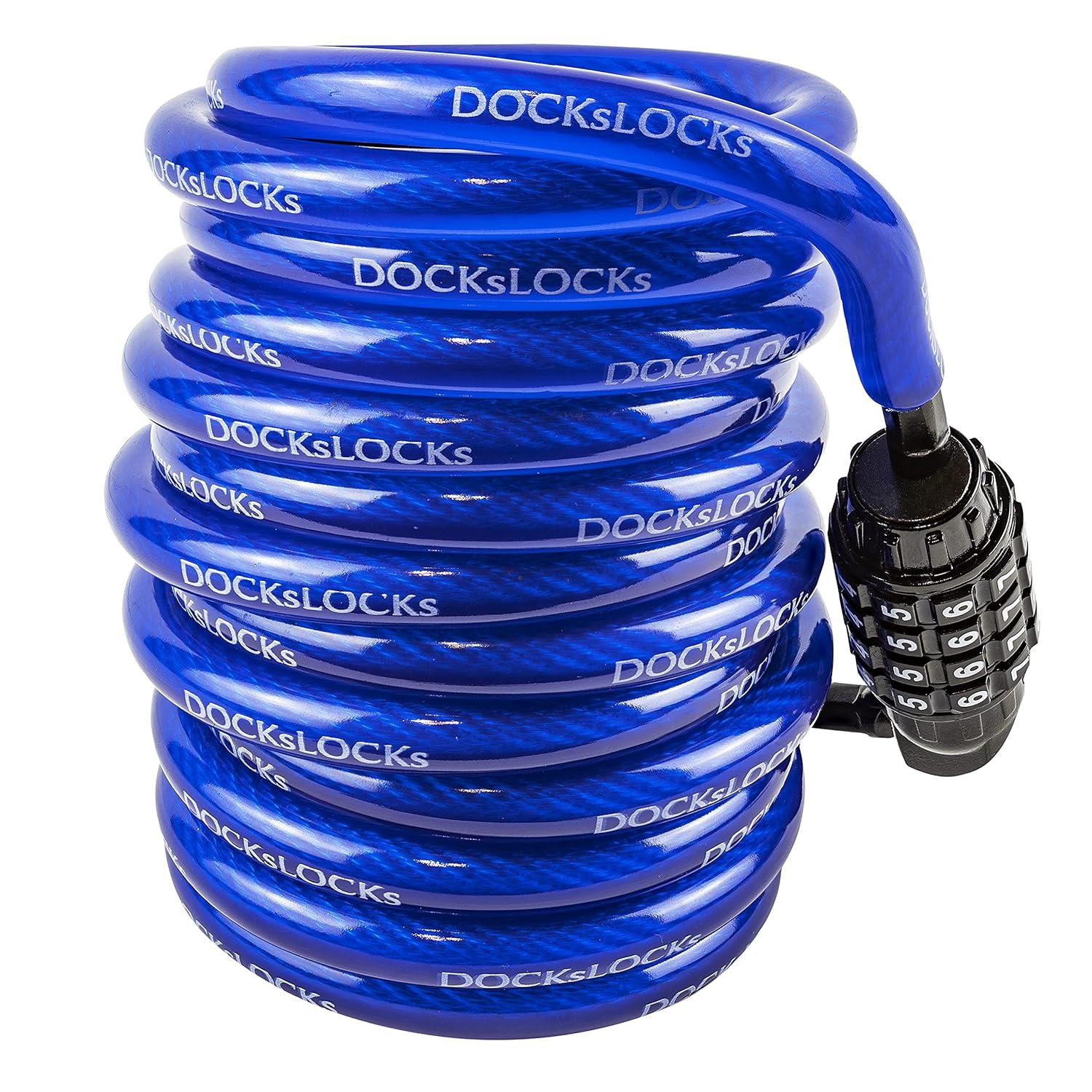 DocksLocks 10ft Weatherproof Coiled Cable Combination Lock for Bikes, Kayaks, Paddleboards, Marine Grade Steel, Anti-Theft Vinyl Coated Cable 1.35 lbs