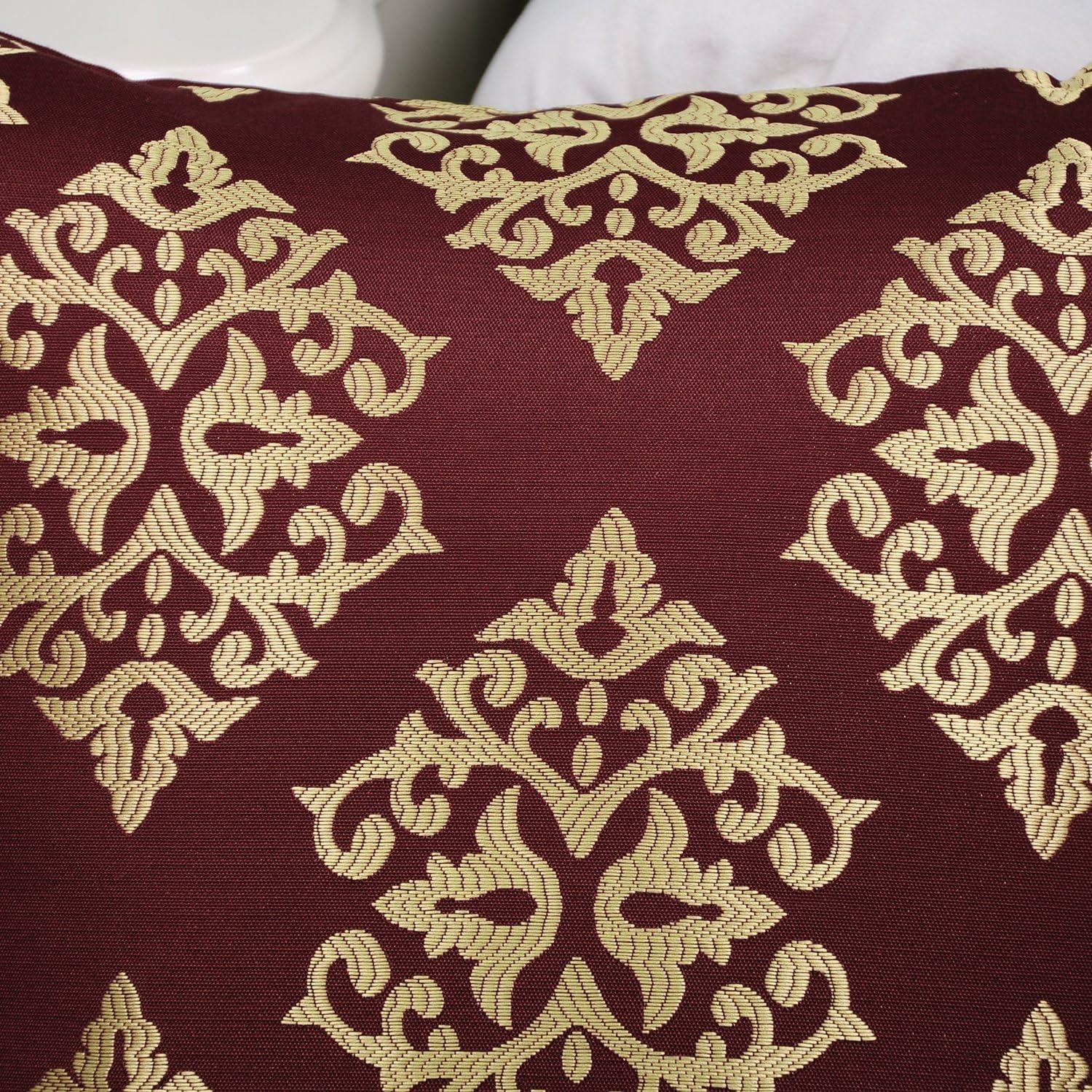 Pack of 2 Soft Jacquard Throw Pillow Covers Cases for Couch Sofa Home Decoration Vintage Diamond Shape Damask Floral 18 X 18 Inches Burgundy Gold