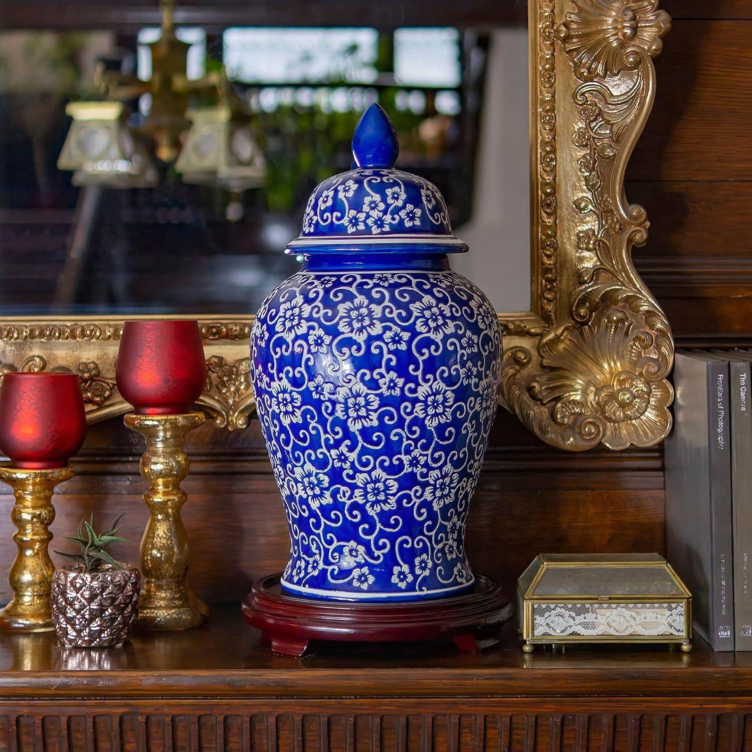 18" White Flowers on Blue Temple Jar