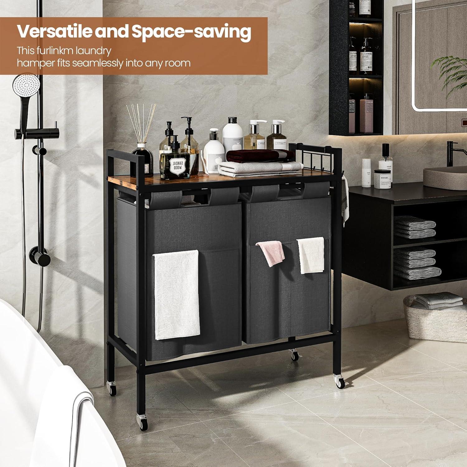 VASAGLE 46L Laundry Hamper Laundry Basket with 2 Pull-Out Bags Laundry Sorter with Shelf Rustic Brown and Black