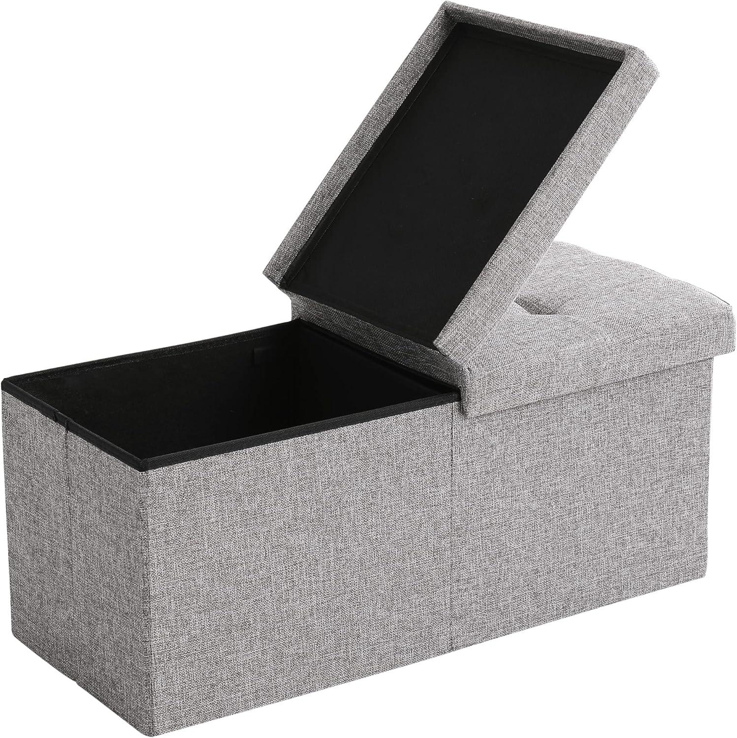 Gray Tufted Linen Foldable Storage Ottoman Bench